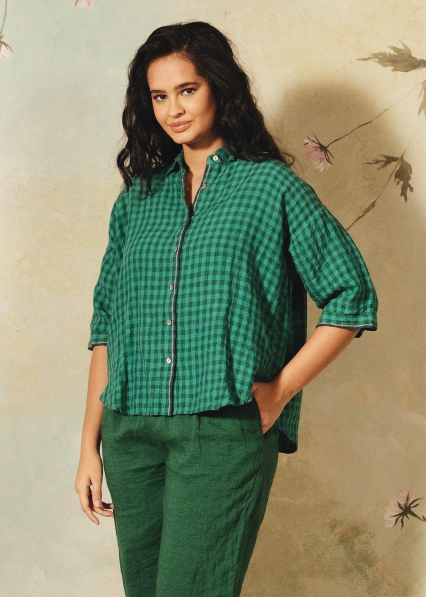 Dve Padmini emerald green check linen button up boxy collared shirt.