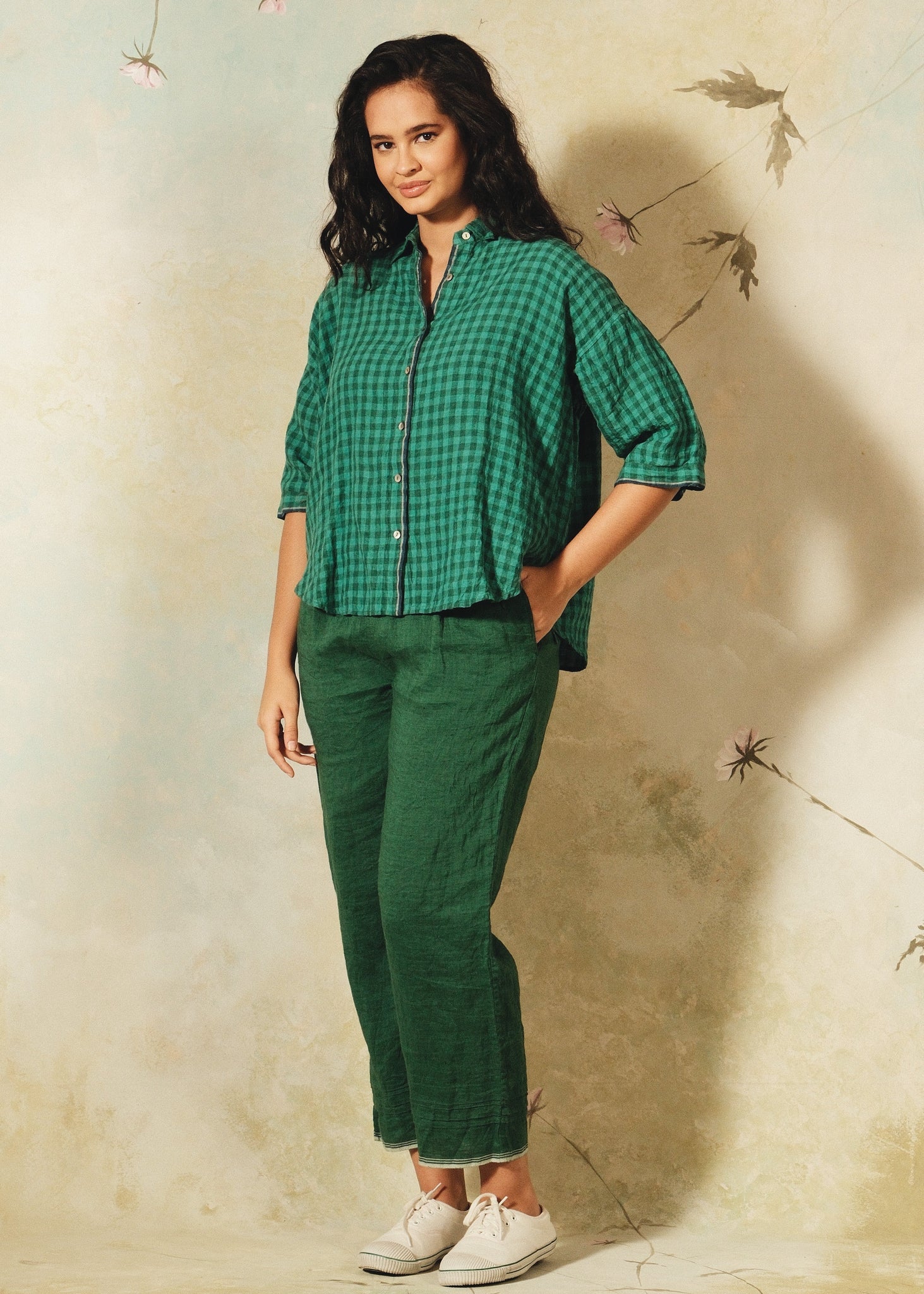 Dve Padmini emerald green check linen button up boxy collared shirt.