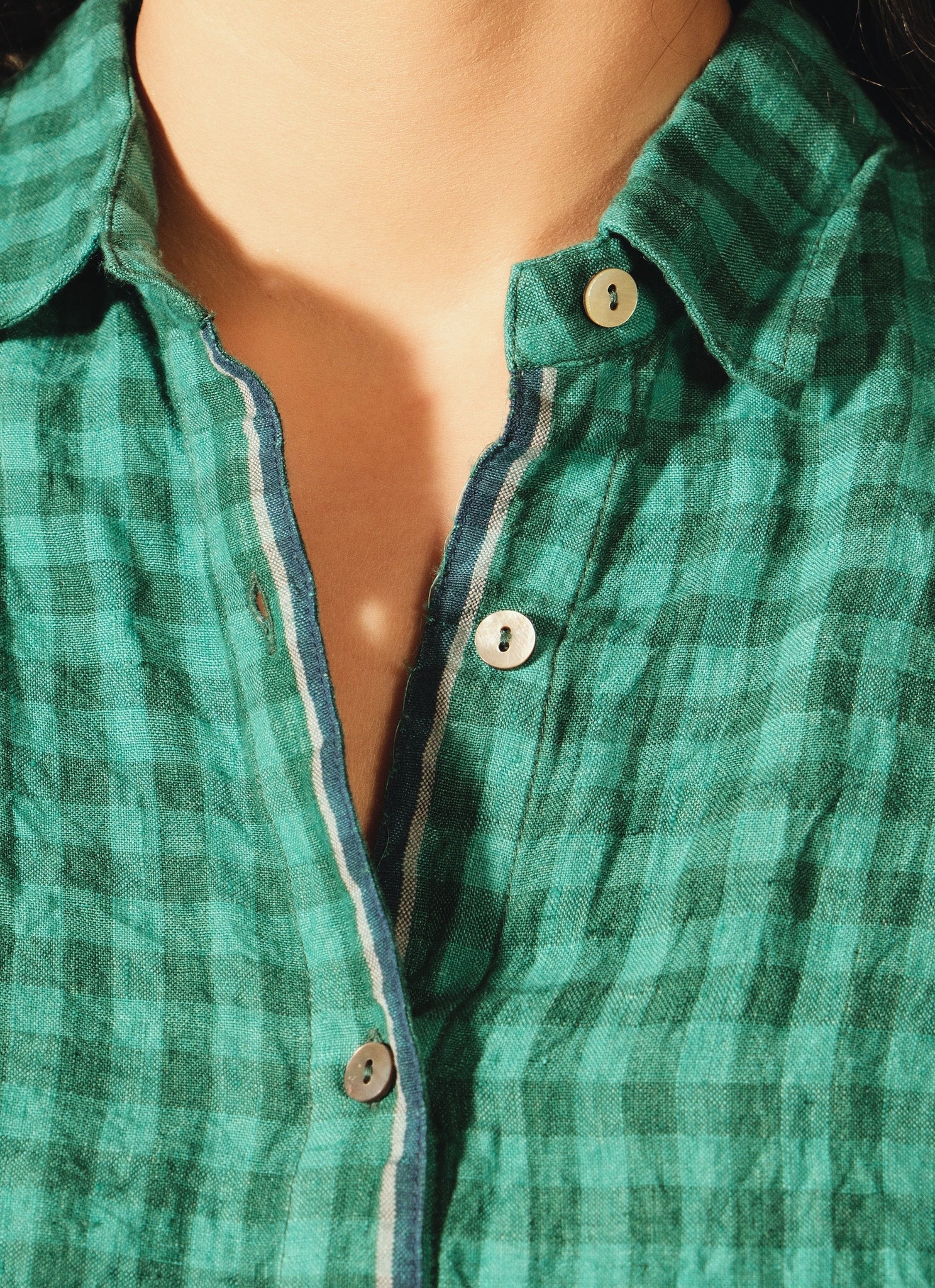 Dve Padmini emerald green check linen button up boxy collared shirt.
