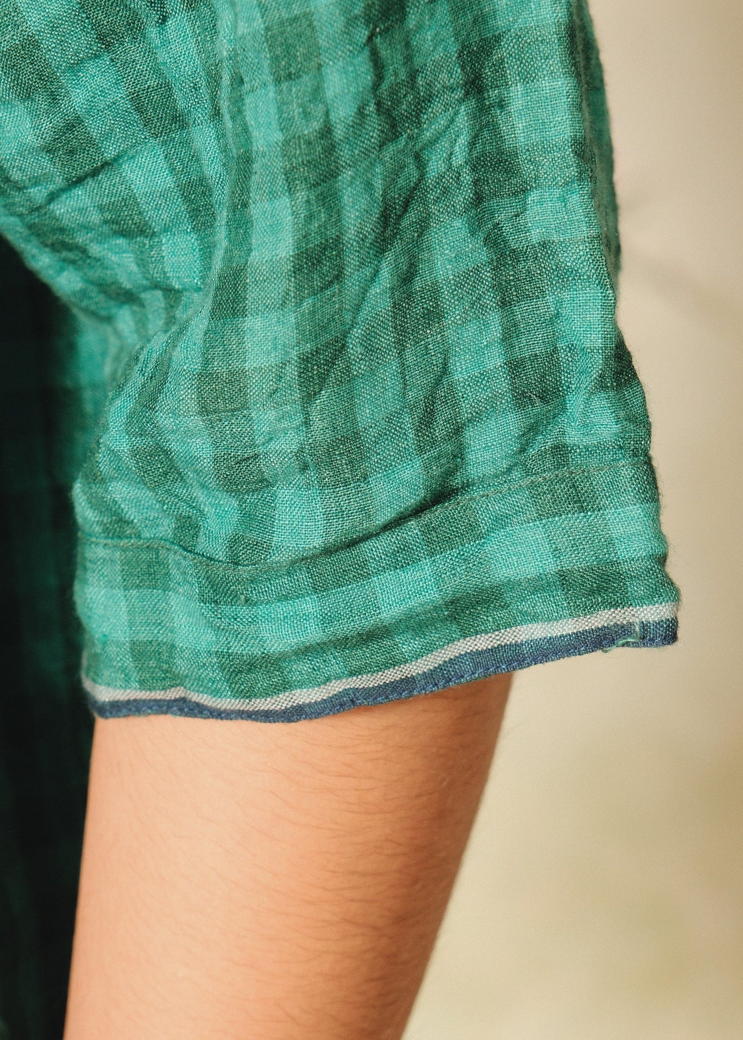 Dve Padmini emerald green  linen check button up boxy collared shirt.
