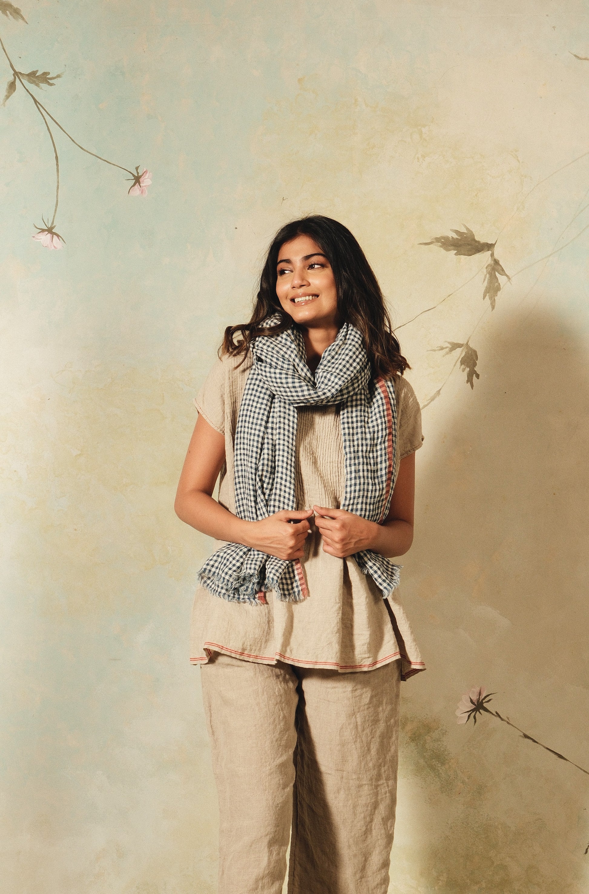 DVE handloom linen scarf in indigo and white check.