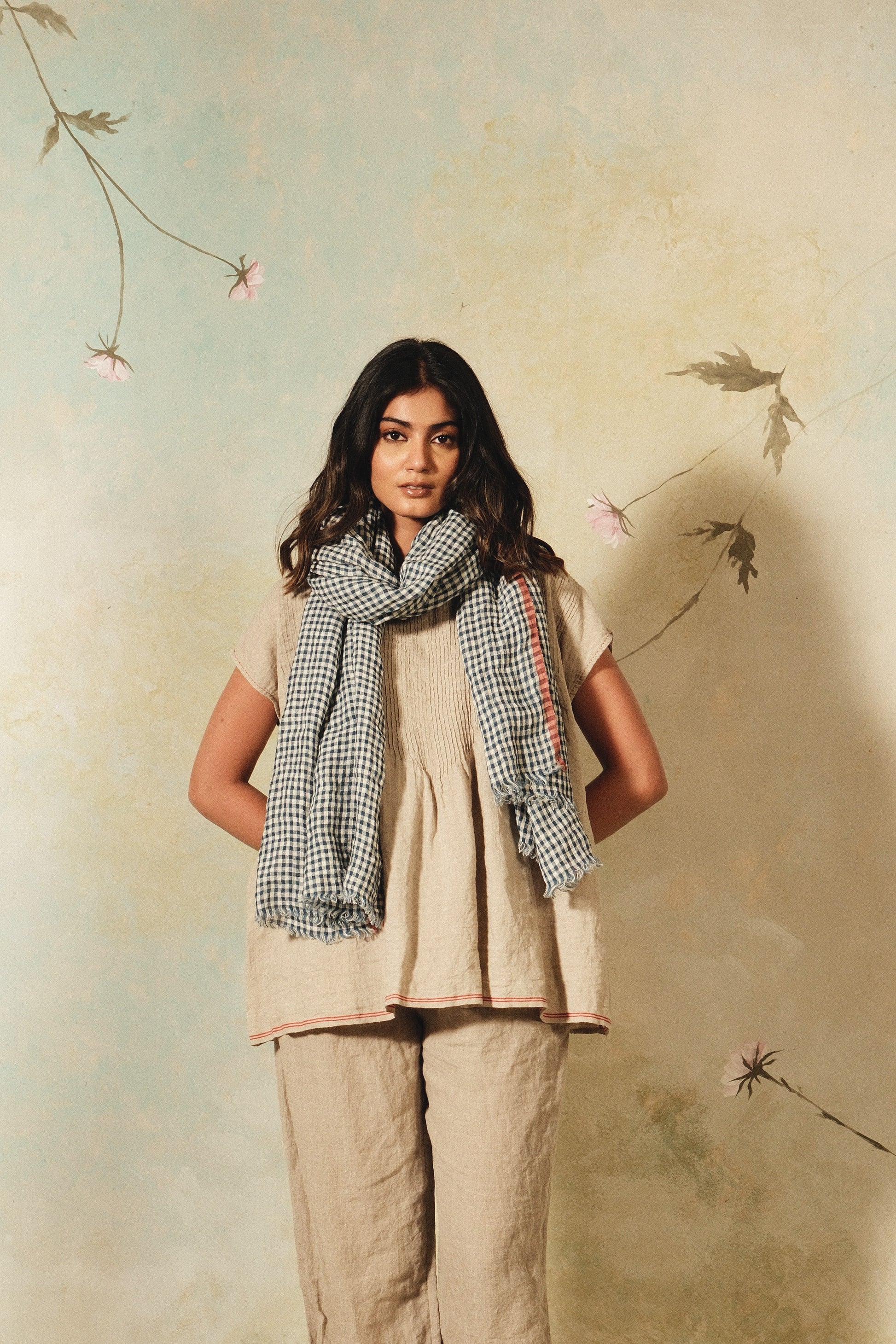 DVE handloom linen scarf in indigo and white check.