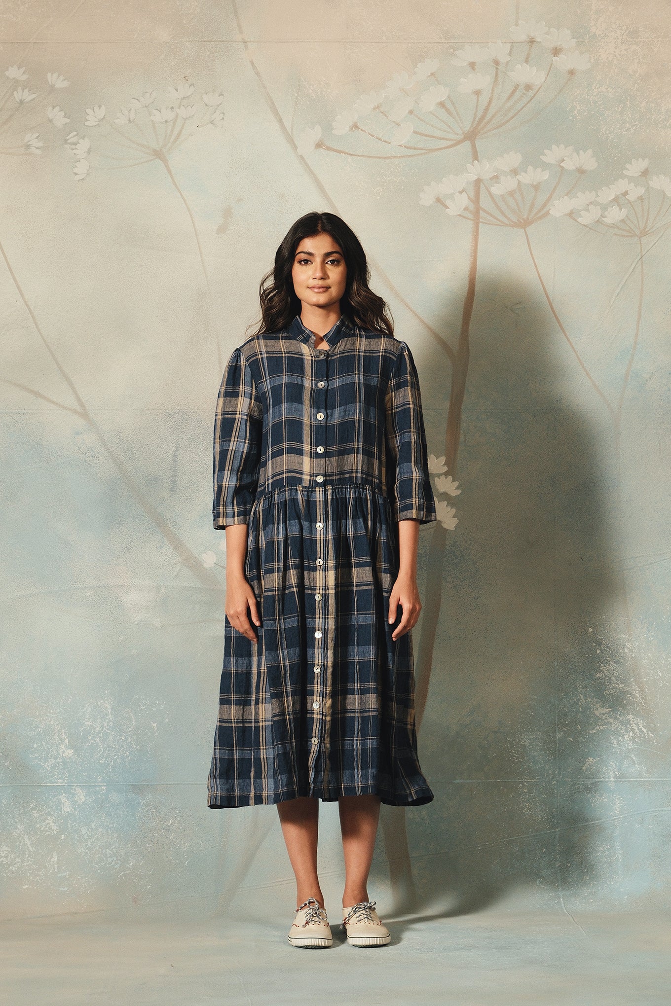 Dve Tara button up shirt dress in navy and beige check linen.