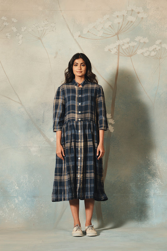 Dve Tara button up shirt dress in navy and beige check linen.