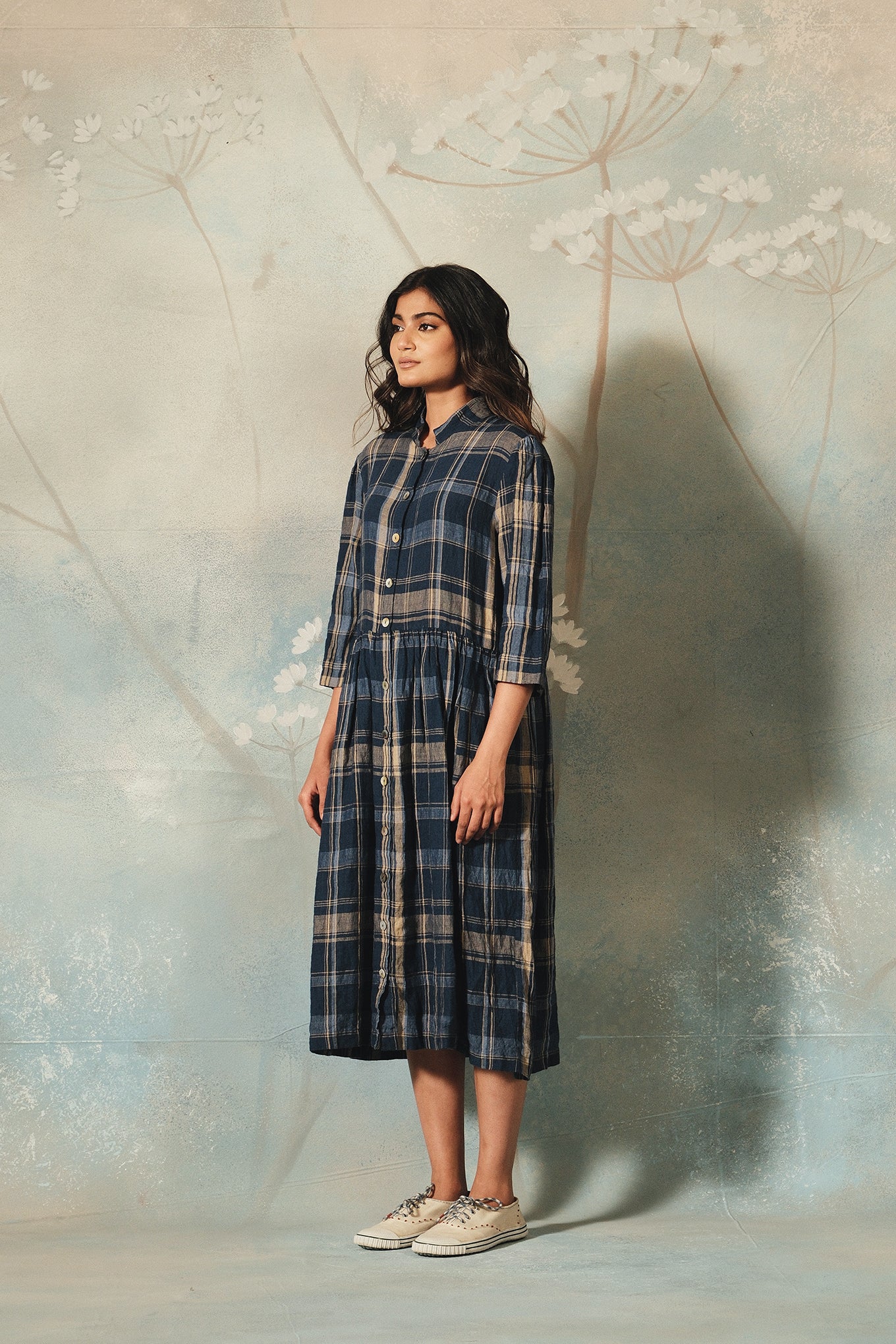 Dve Tara button up shirt dress in navy and beige check linen.