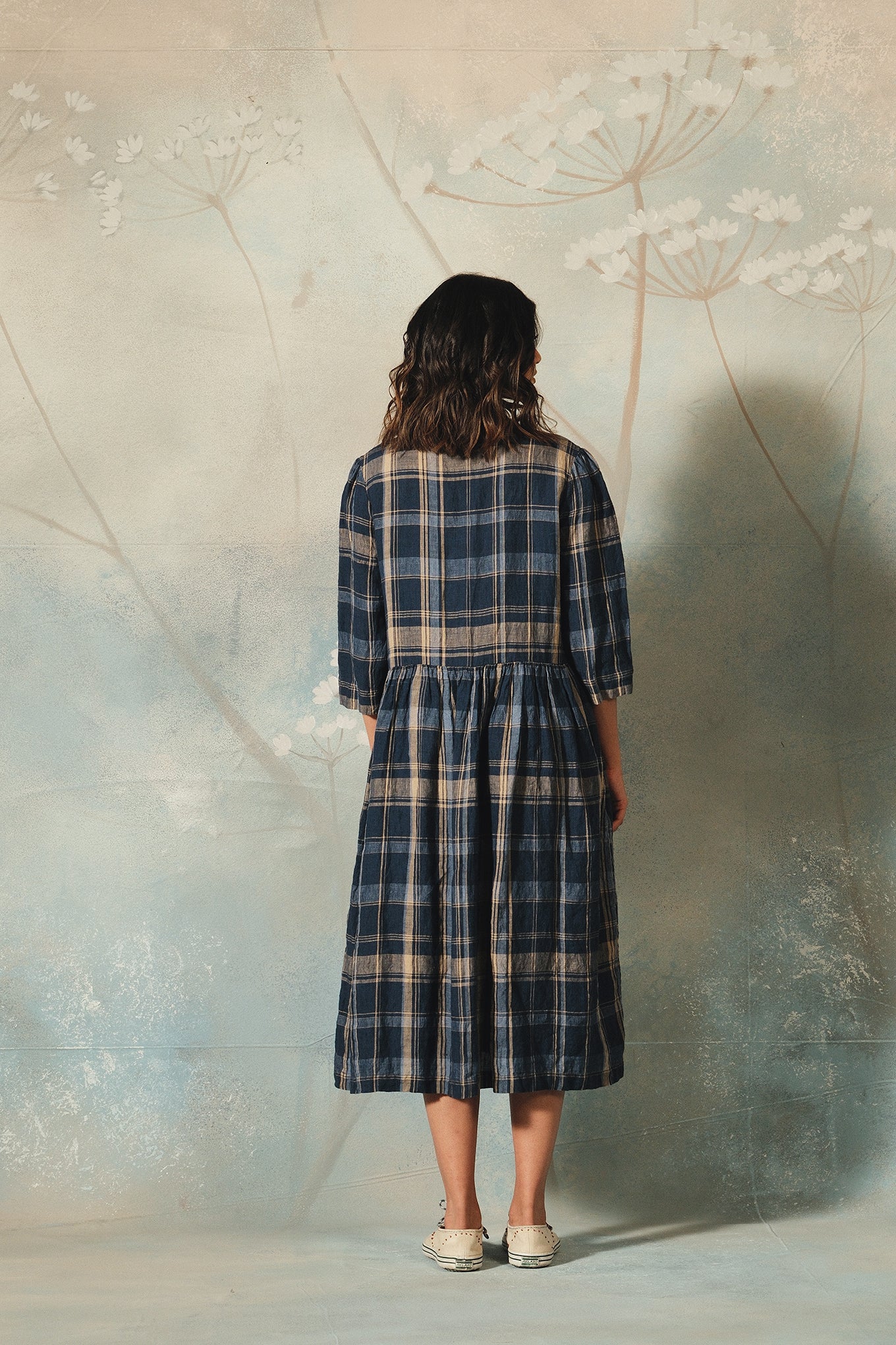 Dve Tara button up shirt dress in navy and beige check linen.