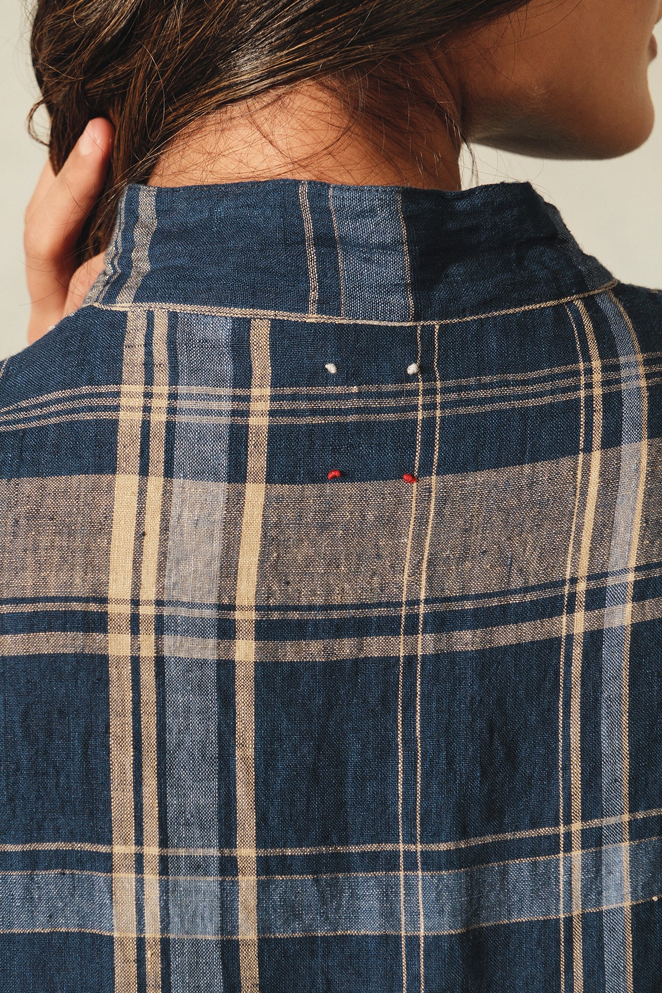 Dve Tara button up shirt dress in navy and beige check linen.