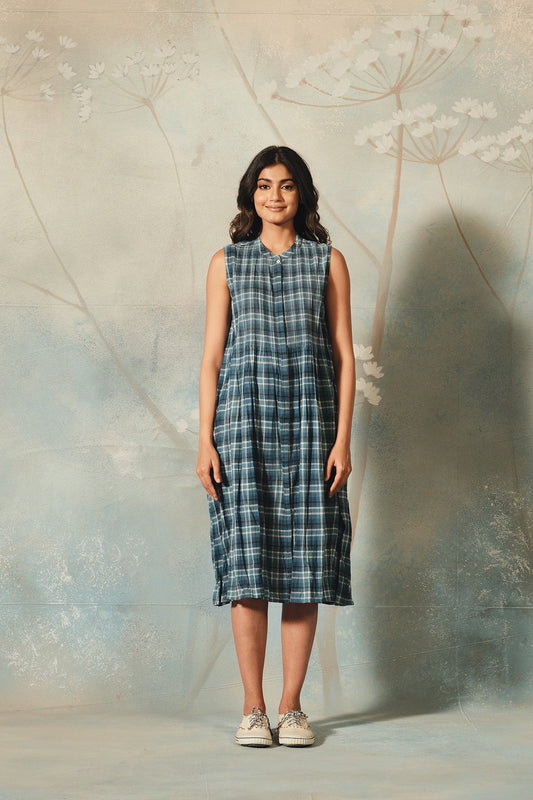 Dve Priti inidgo check handloom cotton sleeveless sundress.