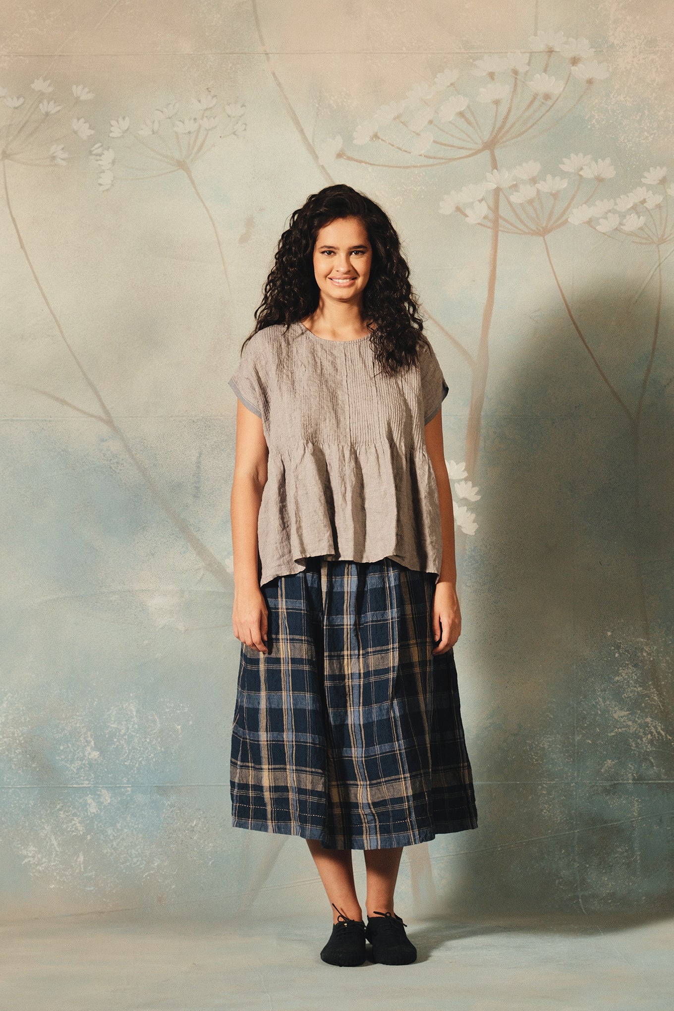 DVE Isha linen check skirt in navy and beige.