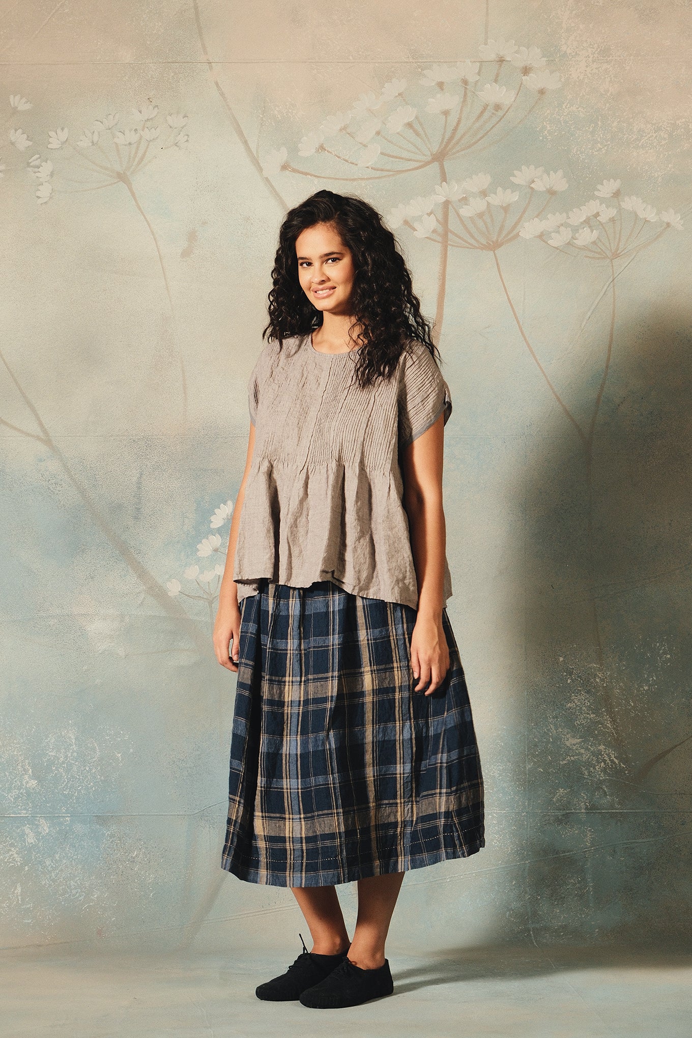 DVE Isha linen check skirt in navy and beige.