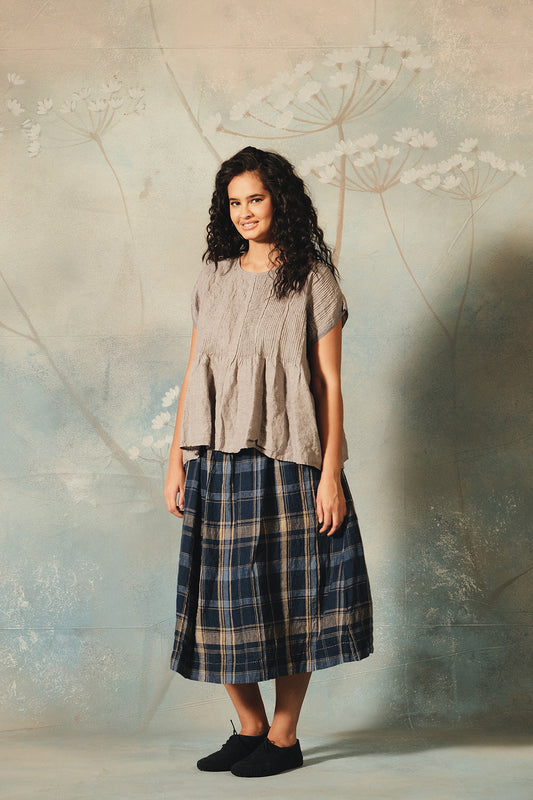 DVE Isha linen check skirt in navy and beige.