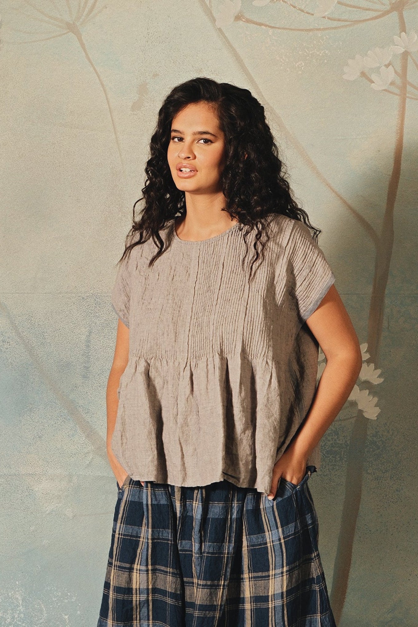 DVE Adya pintucked sleeveless linen top in ash beige linen.