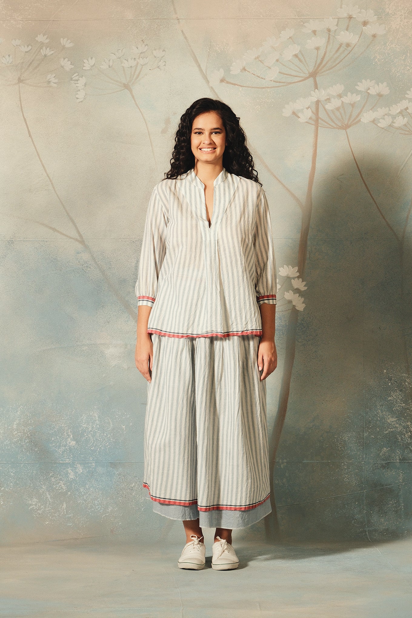 Dve Neela skirt handloom cotton double layer reversible elastic waist skirt light blue and light blue stripe.