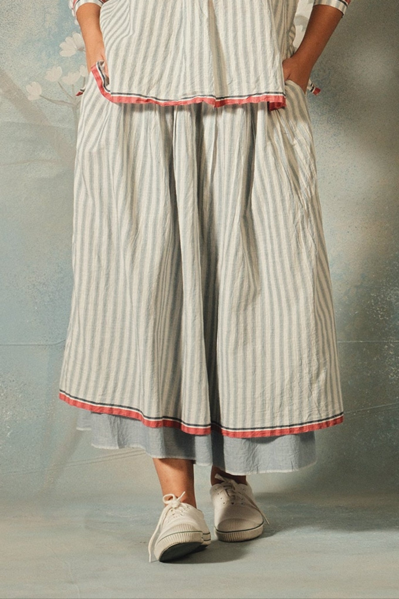 Dve Neela skirt handloom cotton double layer reversible elastic waist skirt light blue and light blue stripe.