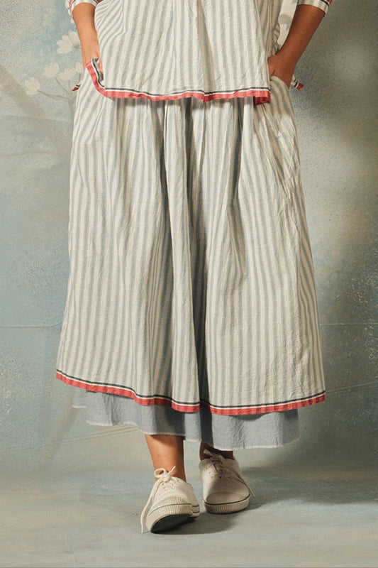 Dve Neela skirt handloom cotton double layer reversible elastic waist skirt light blue and light blue stripe.