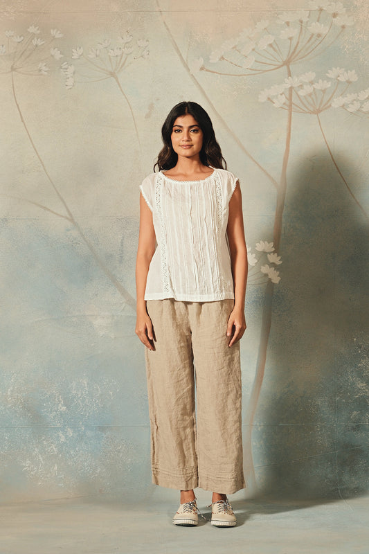 DVE Aishani white cotton voile top with lace insets.