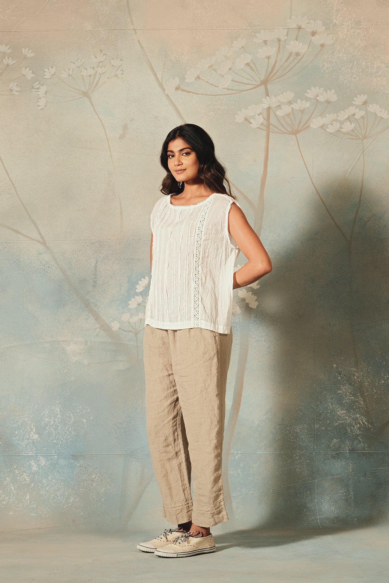 DVE Aishani white cotton voile top with lace insets.