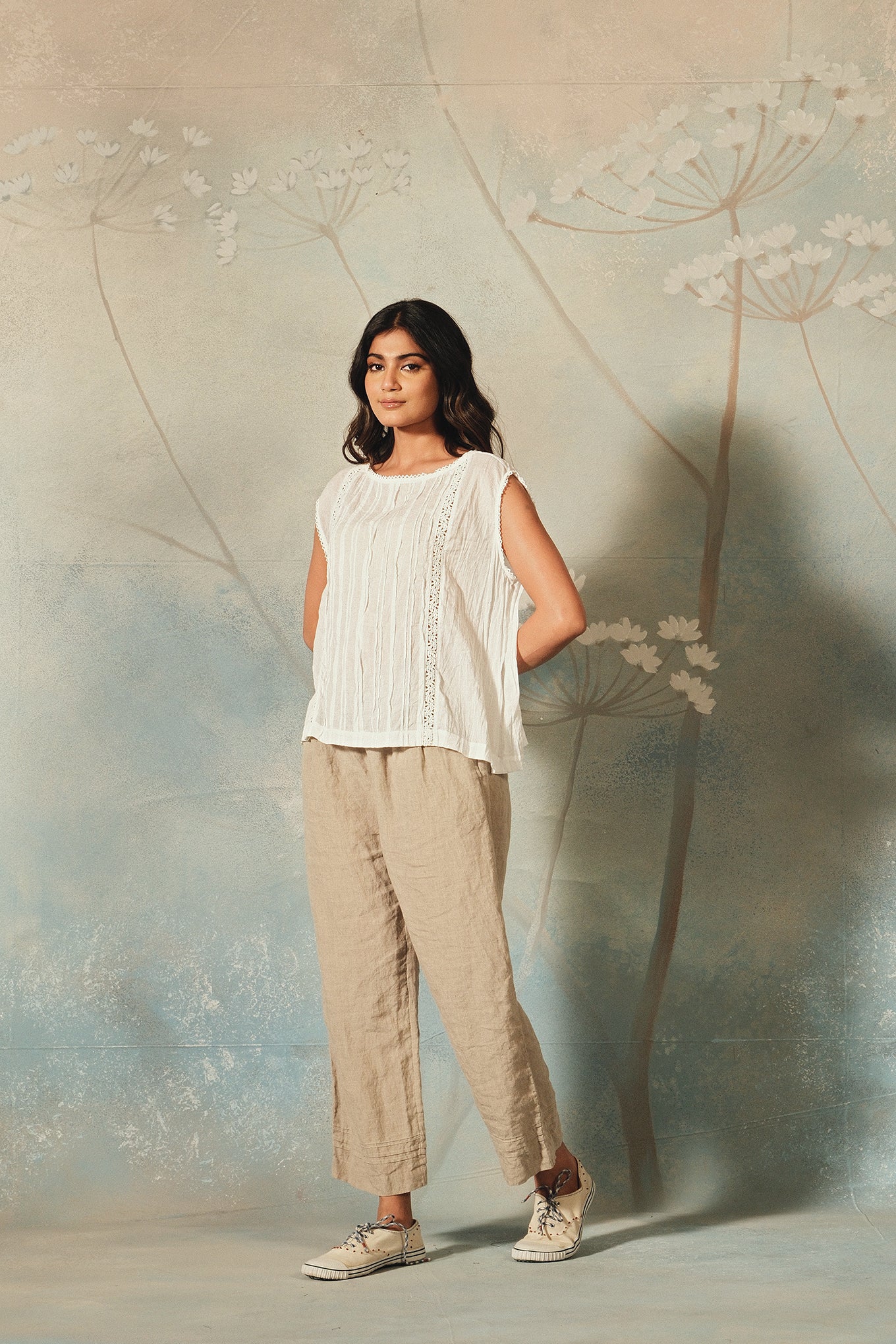 DVE Aishani white cotton voile top with lace insets.