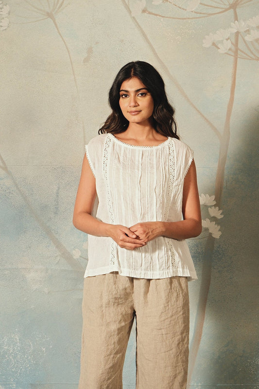 DVE Aishani white cotton voile top with lace insets.