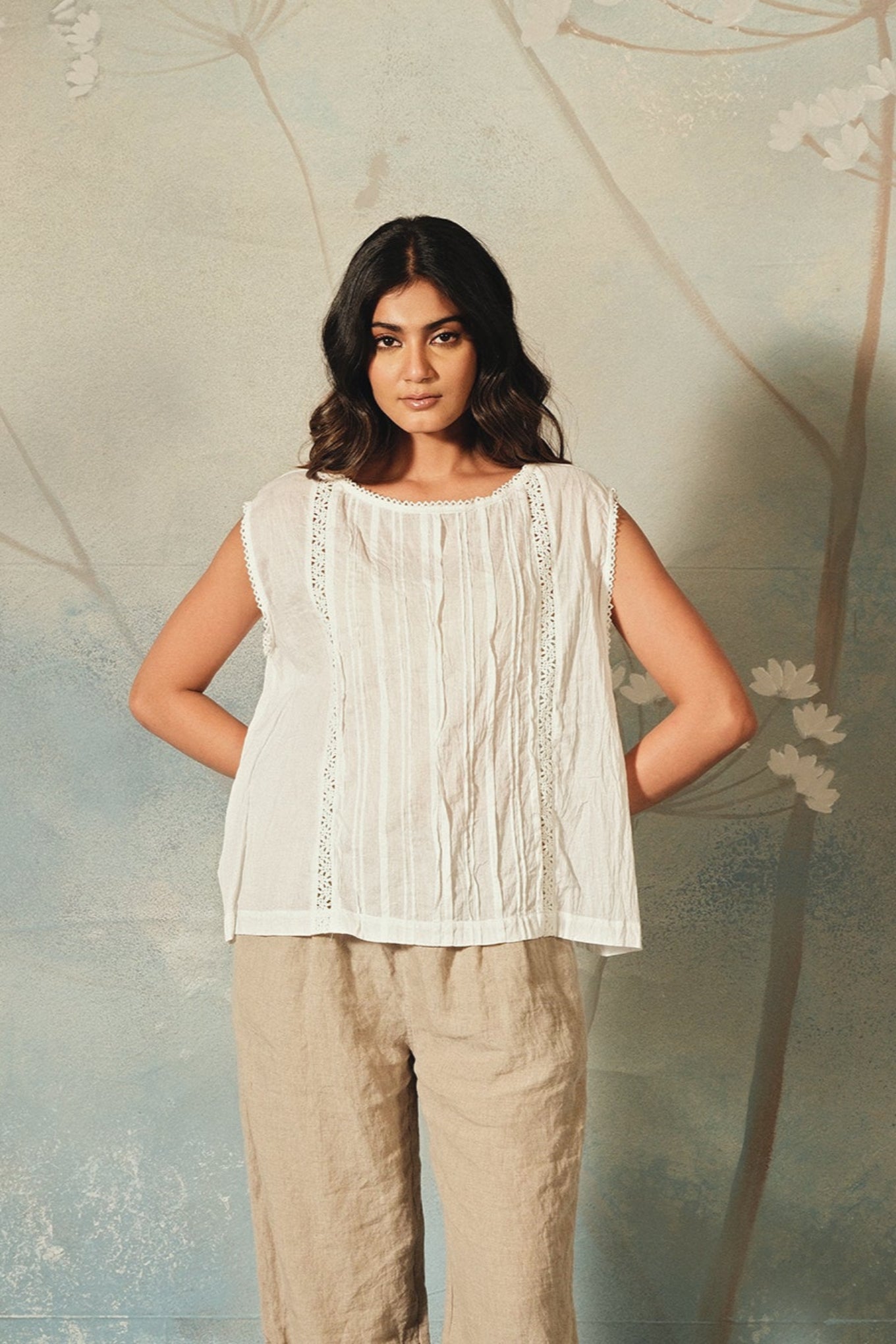 DVE Aishani white cotton voile top with lace insets.