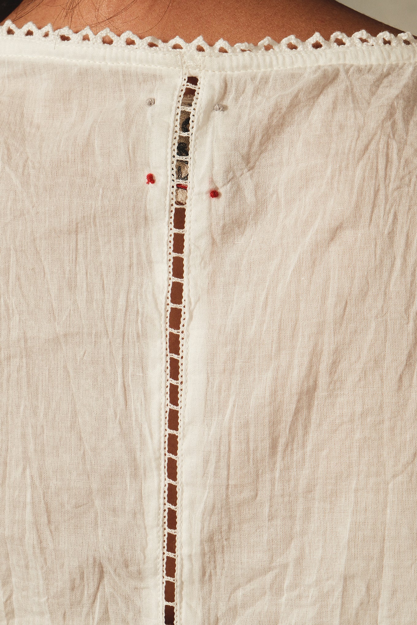DVE Aishani white cotton voile top with lace insets.