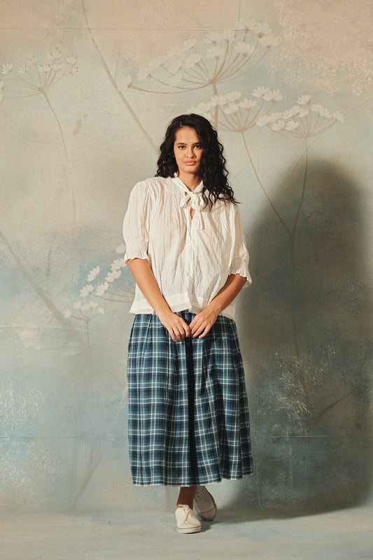 Dve Neela reversible cotton skirt in indigo check and sky blue.