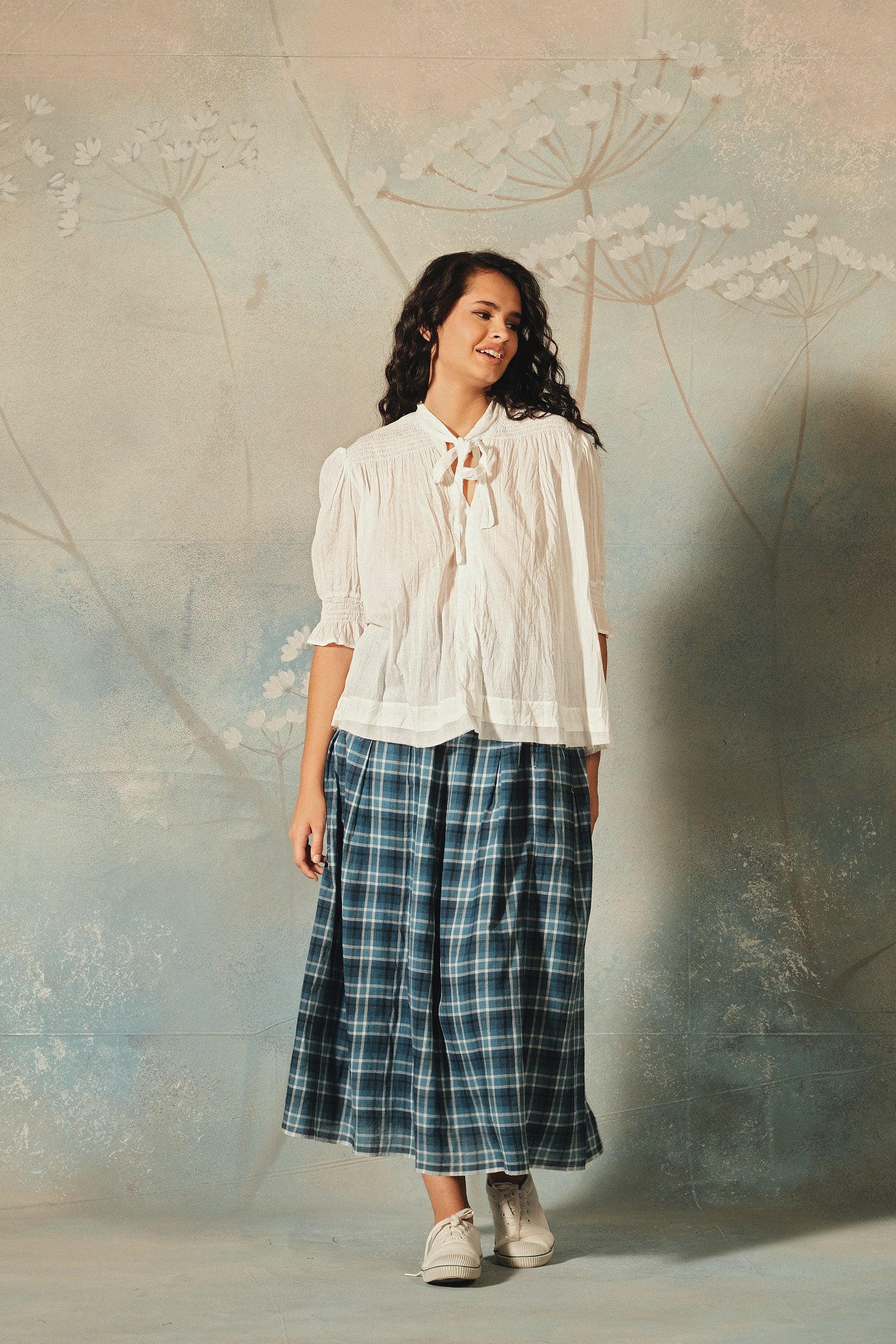 Dve Neela reversible cotton skirt in indigo check and sky blue.