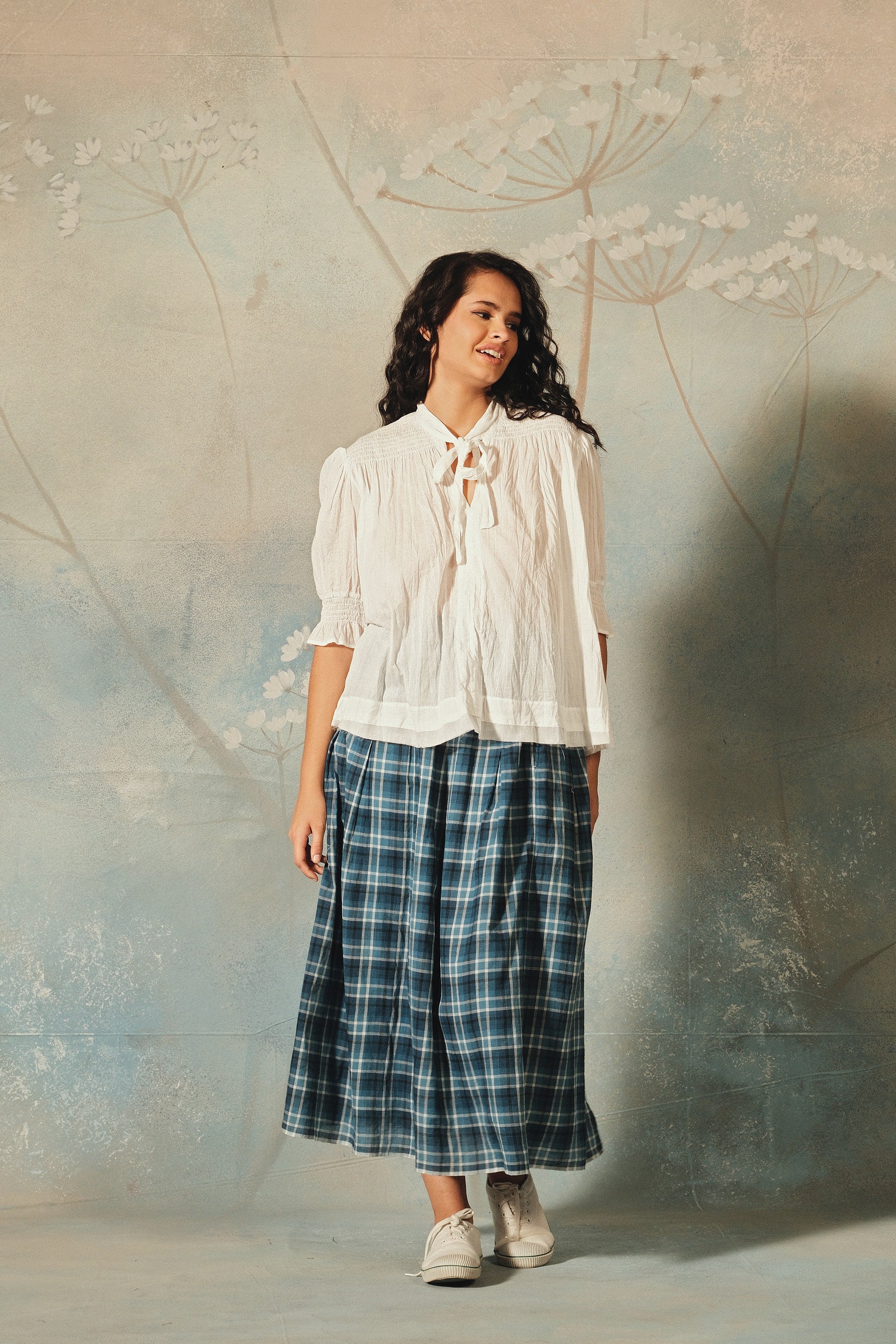 Dve Neela reversible cotton skirt in indigo check and sky blue.