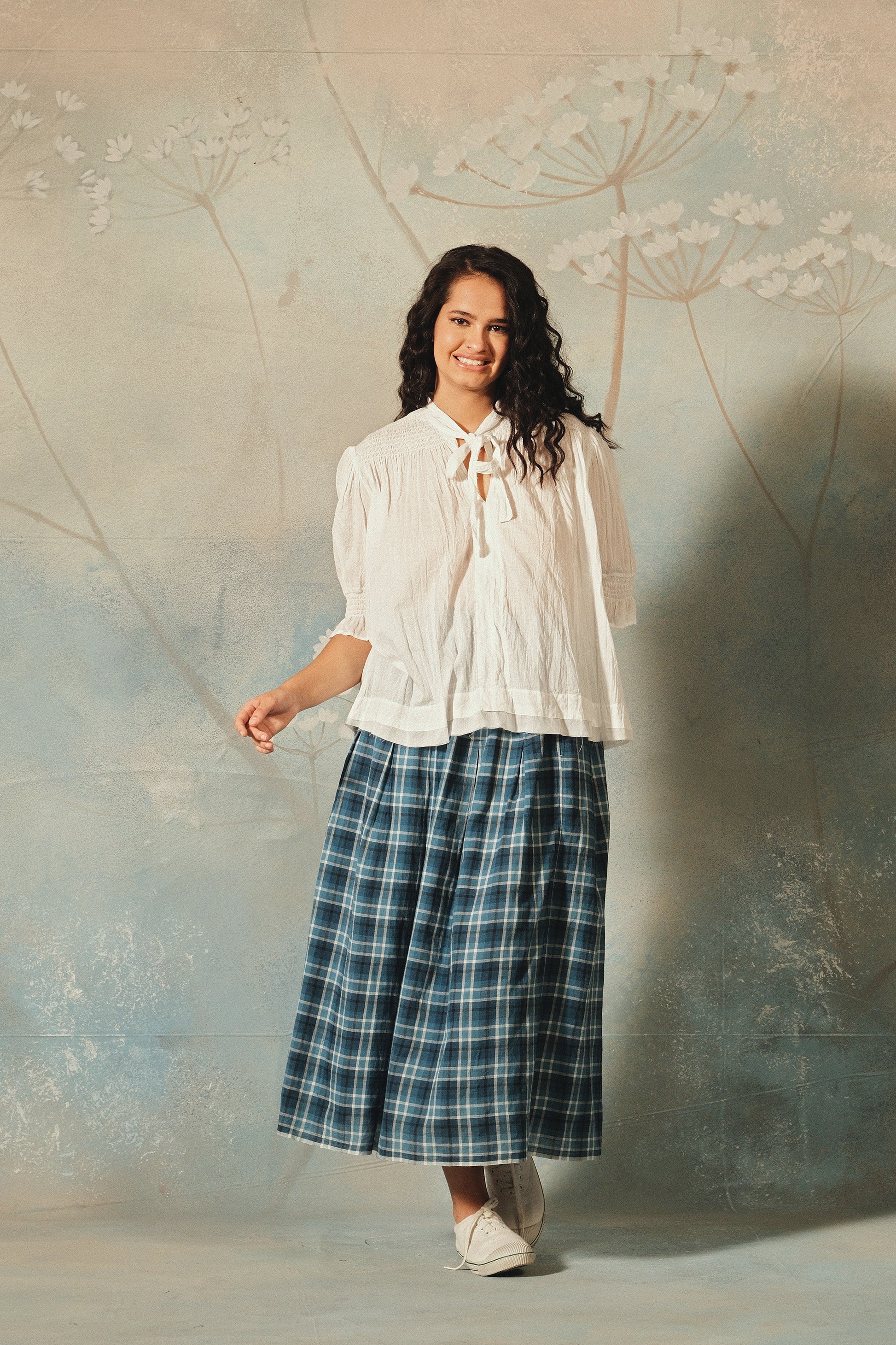 Dve Neela reversible cotton skirt in indigo check and sky blue.