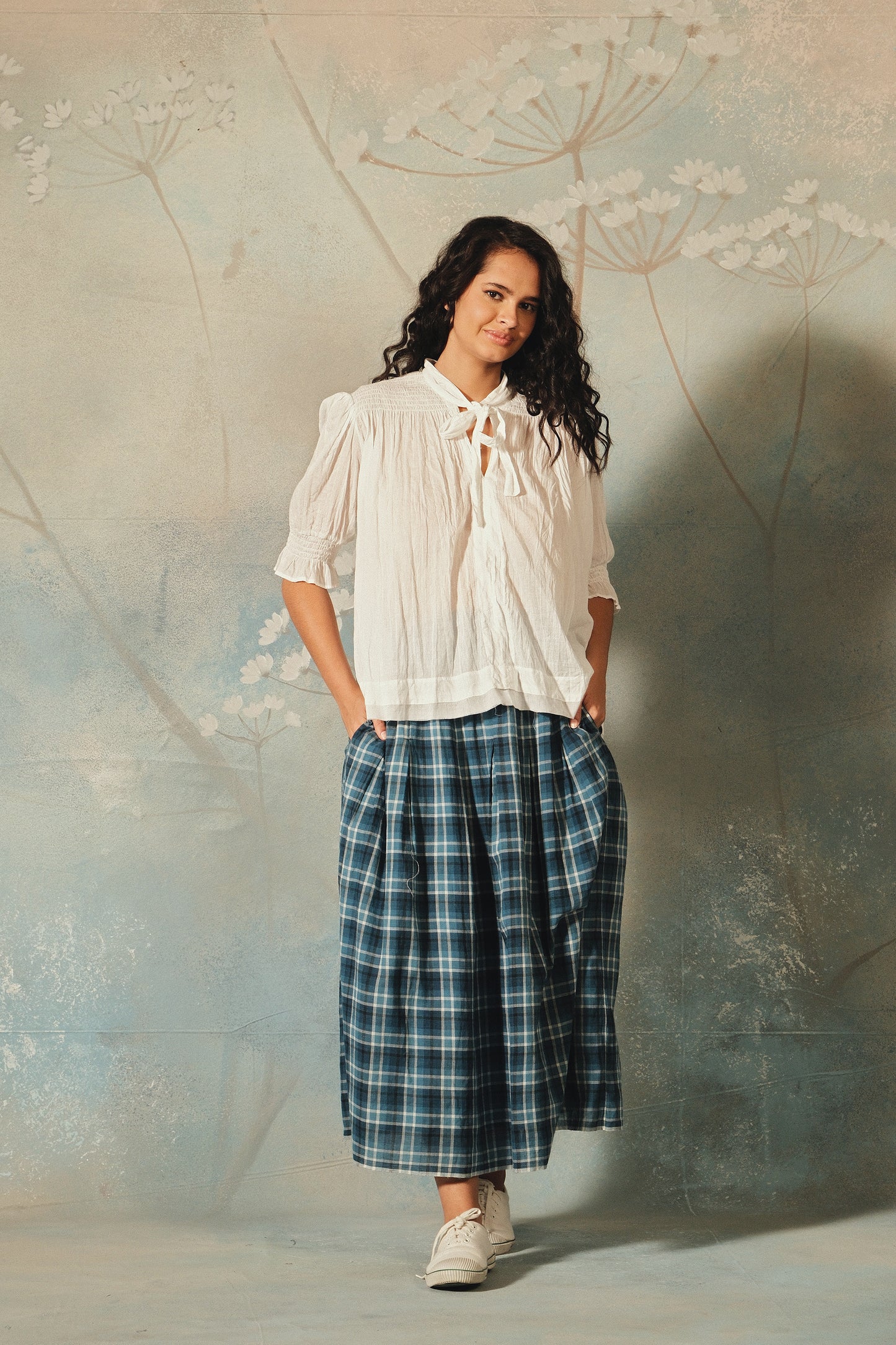 Dve Neela reversible cotton skirt in indigo check and sky blue.