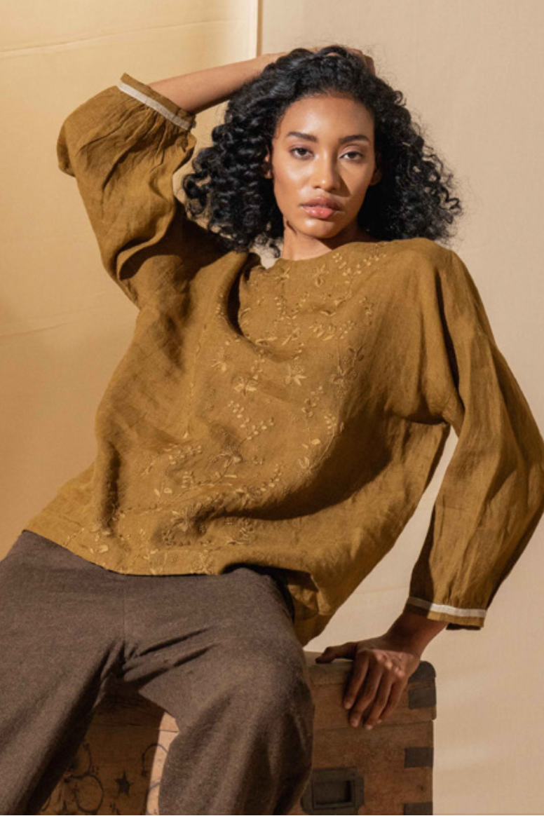 DVE Inaya blouse in embroidered mustard linen.