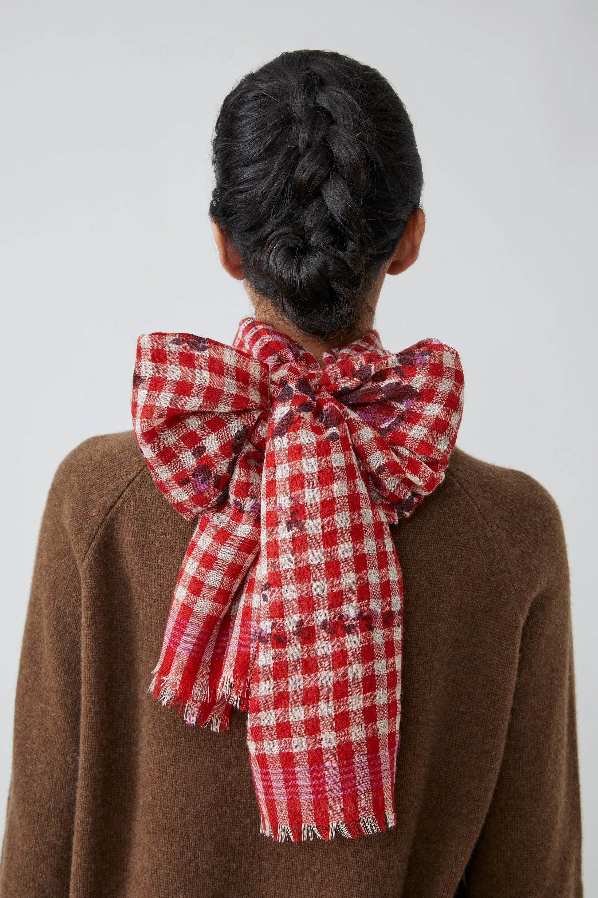 Moismont gingham Vichy scarf in Lipstick red and white, with floral print detail.