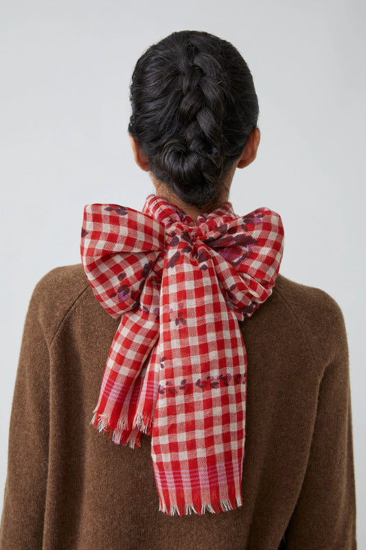 Moismont gingham Vichy scarf in Lipstick red and white, with floral print detail.