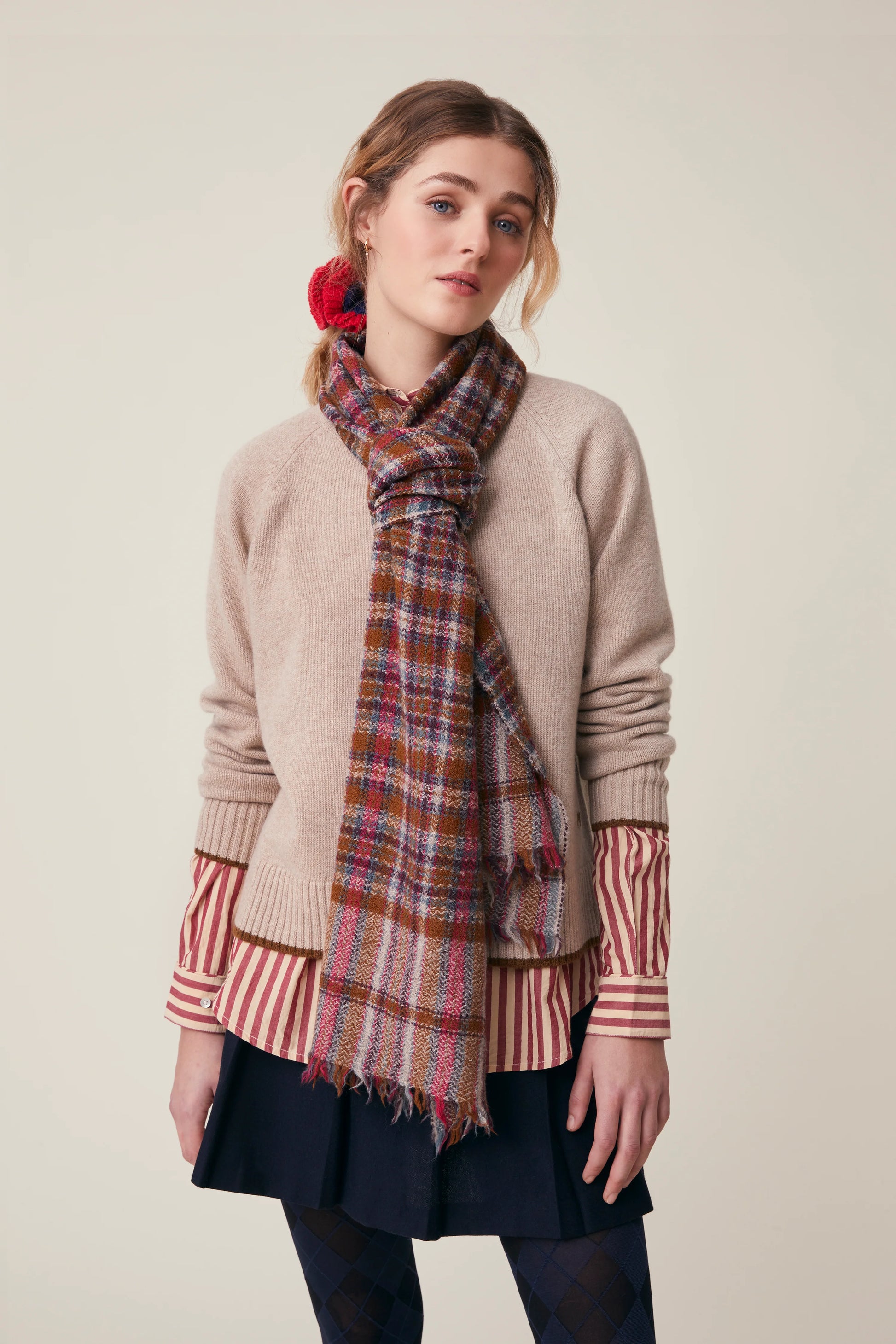 Moismont pure wool plaid tartan check scarf McInnes in Henna red, brown, cream and blue. 