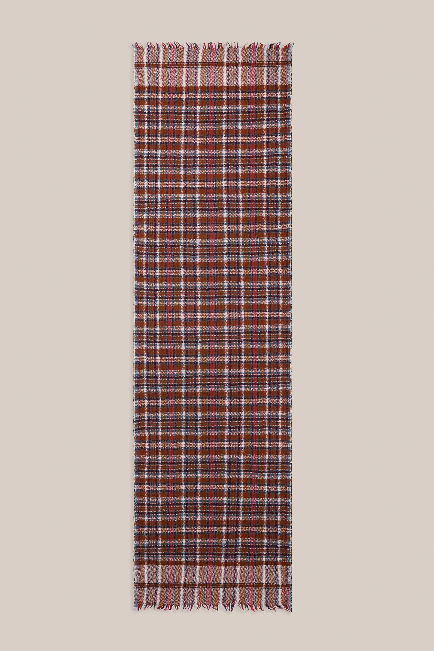 Moismont pure wool plaid tartan check scarf McInnes in Henna red, brown, cream and blue. 
