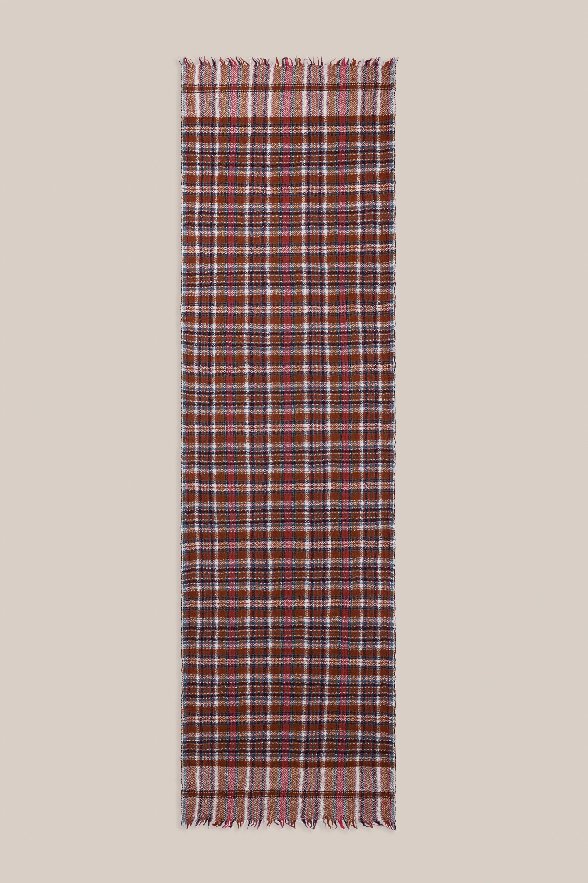 Moismont pure wool plaid tartan check scarf McInnes in Henna red, brown, cream and blue. 