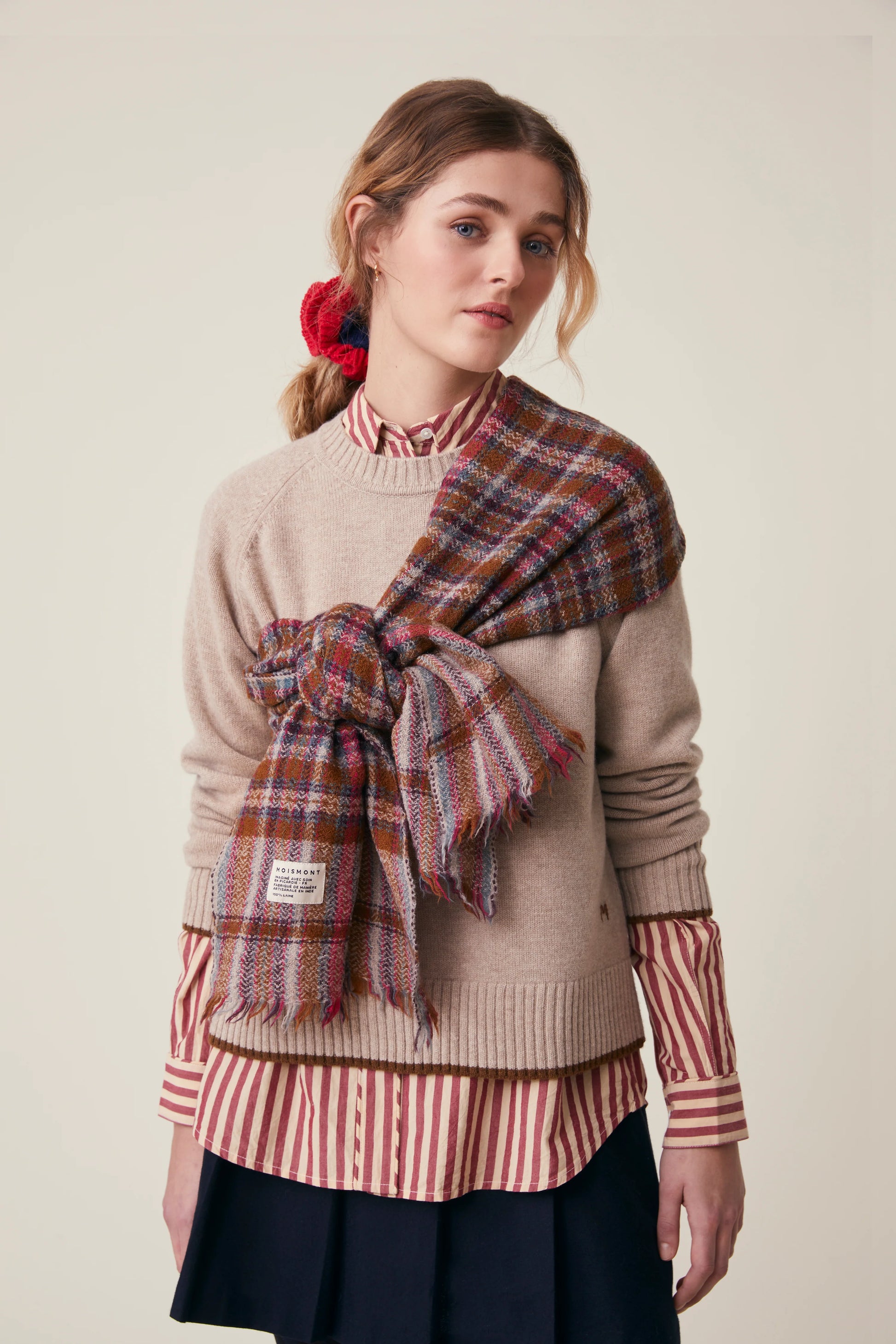 Moismont pure wool plaid tartan check scarf McInnes in Henna red, brown, cream and blue. 