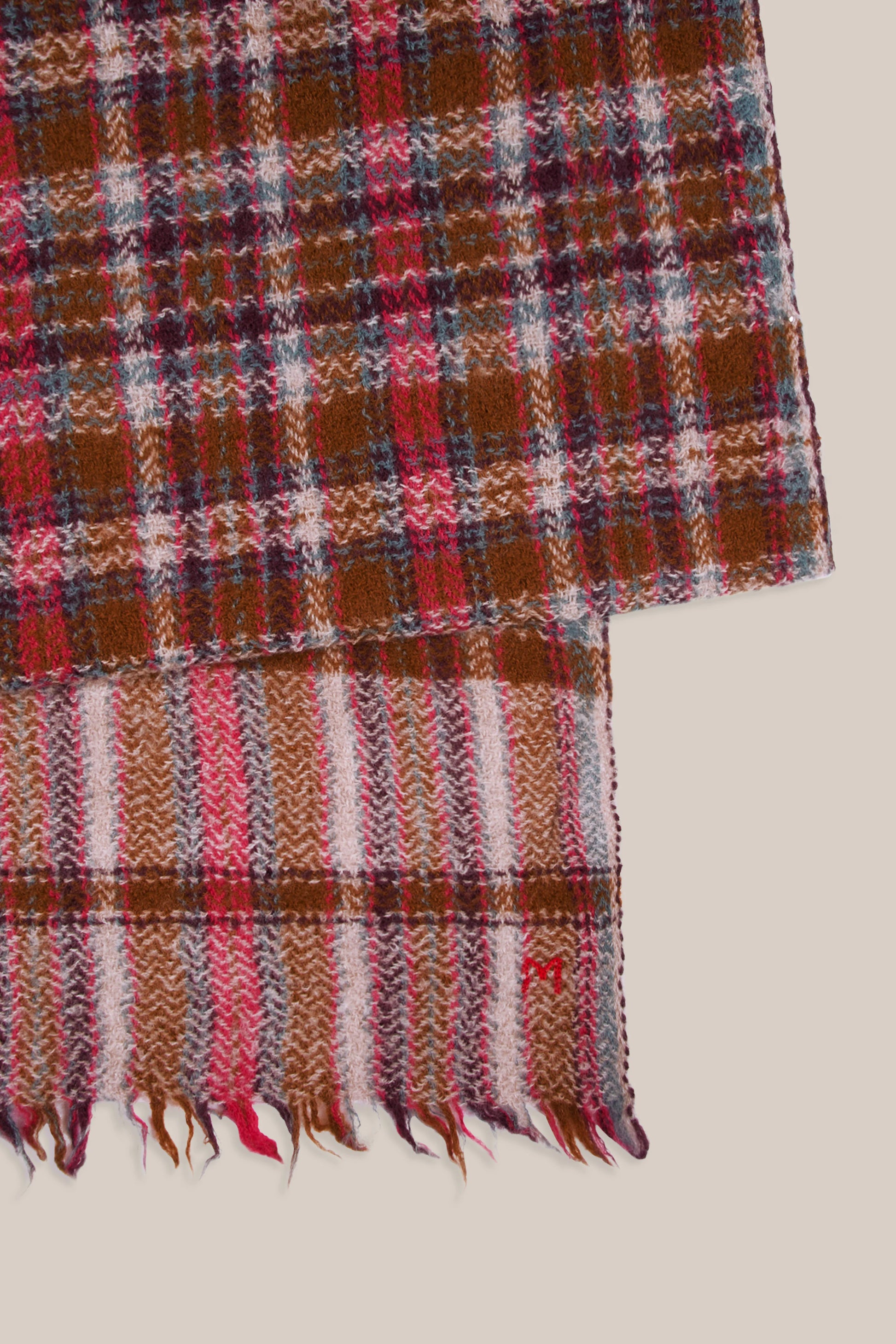 Moismont pure wool plaid tartan check scarf McInnes in Henna red, brown, cream and blue. 