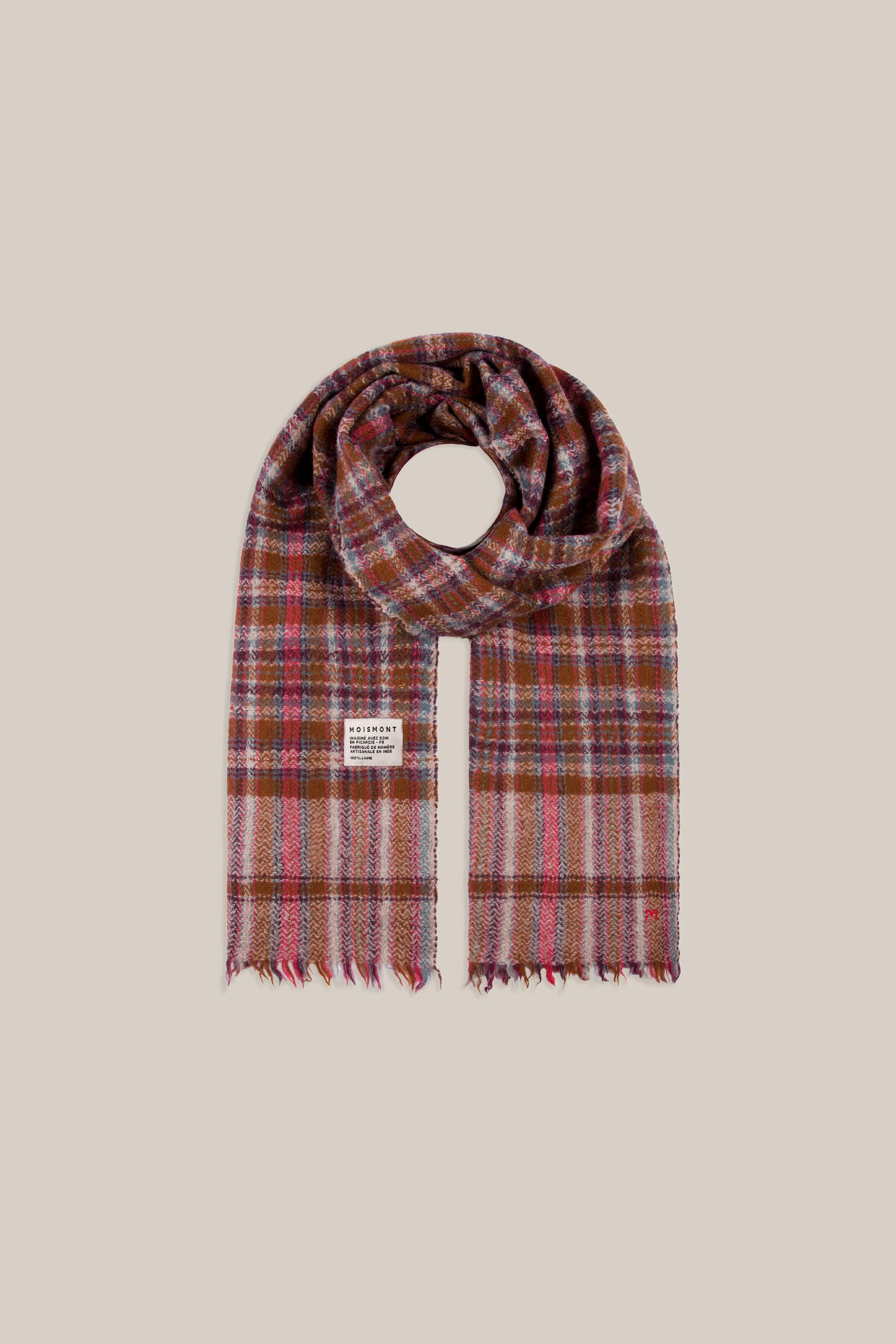 Moismont pure wool plaid tartan check scarf McInnes in Henna red, brown, cream and blue. 