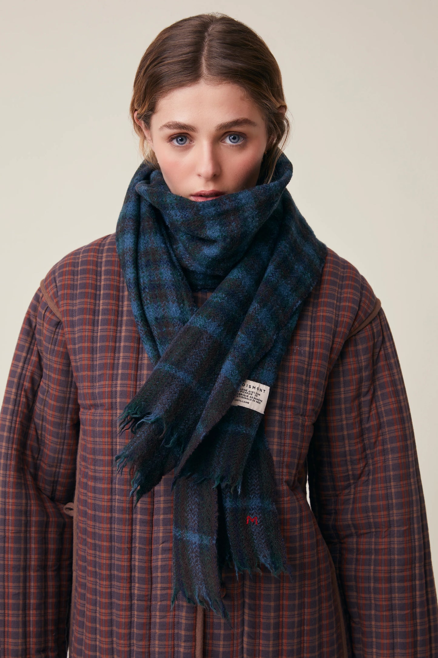 Moismont pure wool plaid tartan check scarf McInnes in Tragedy navy and brown.