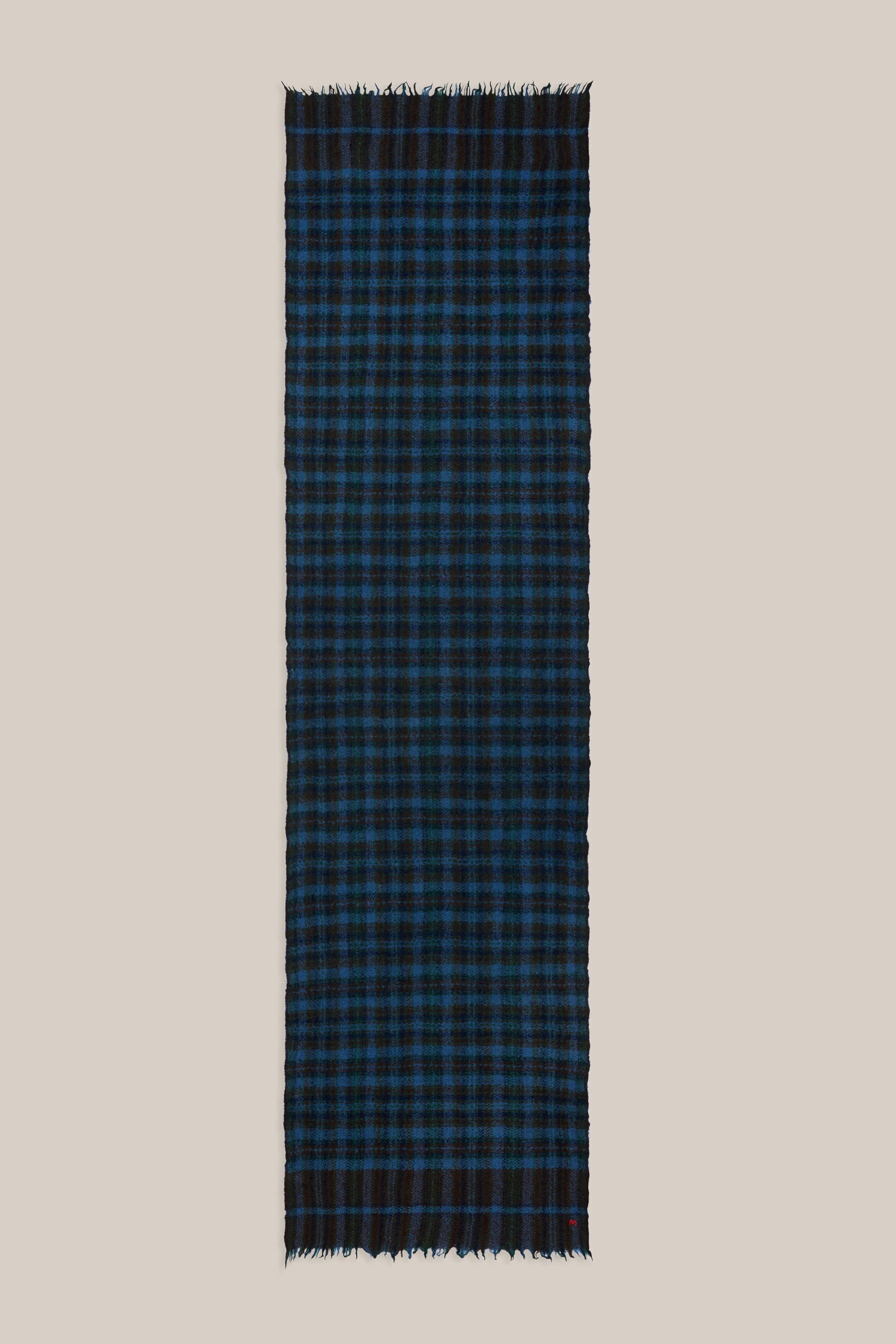 Moismont pure wool plaid tartan check scarf McInnes in Tragedy navy and brown.