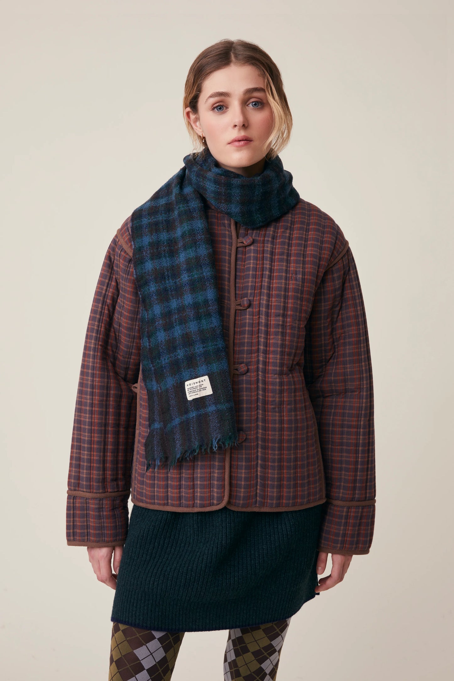 Moismont pure wool plaid tartan check scarf McInnes in Tragedy navy and brown.