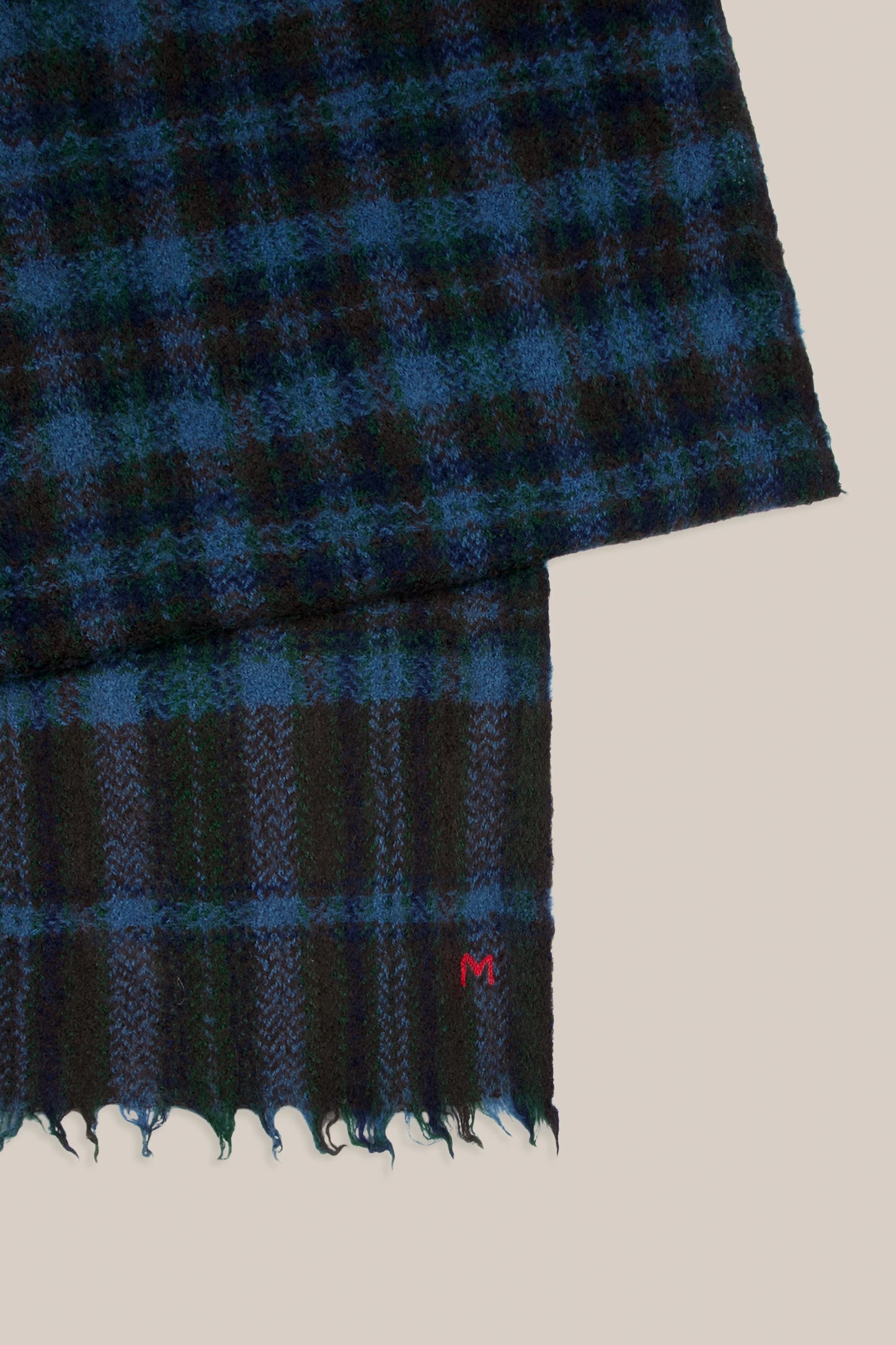 Moismont pure wool plaid tartan check scarf McInnes in Tragedy navy and brown.