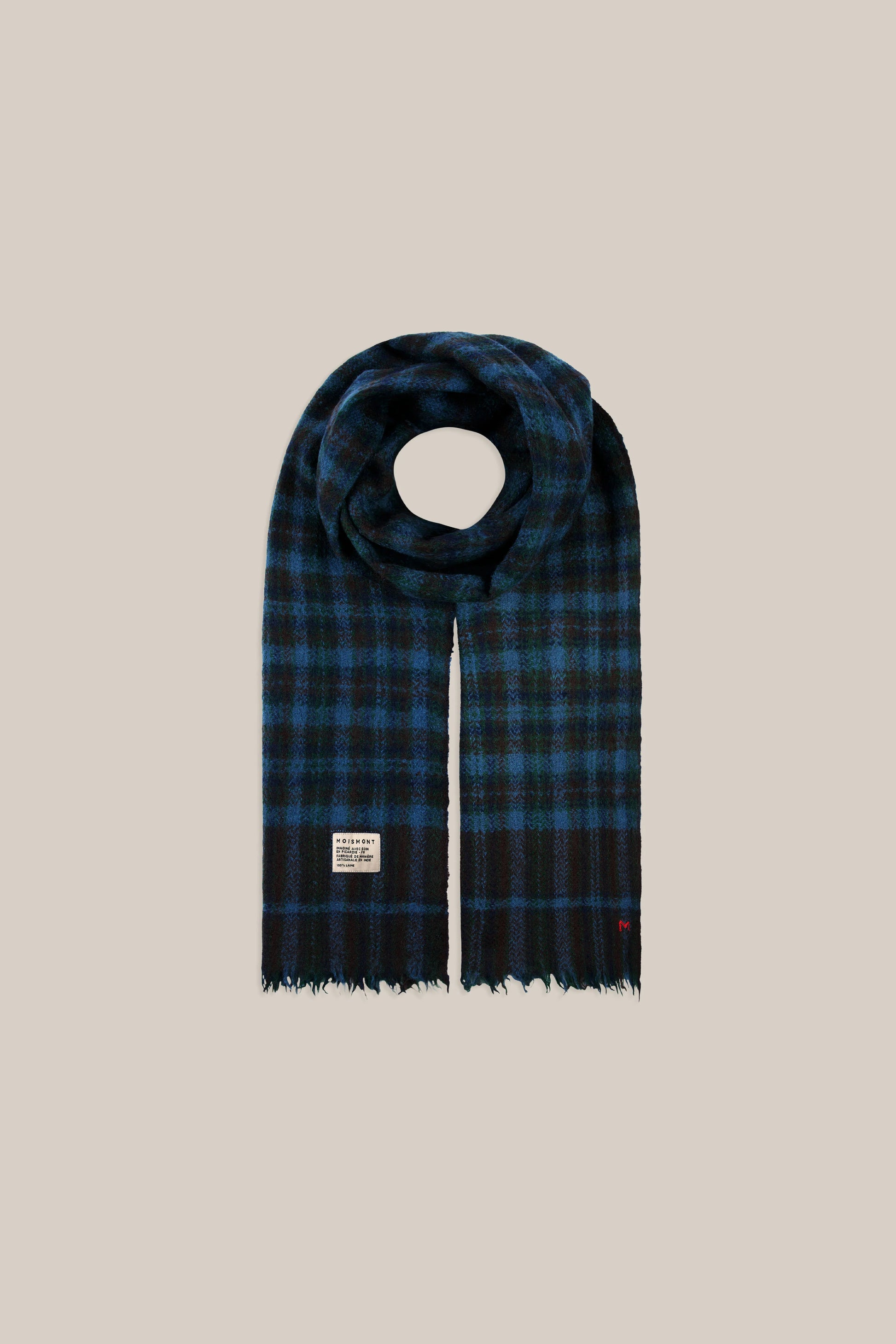 Moismont pure wool plaid tartan check scarf McInnes in Tragedy navy and brown.