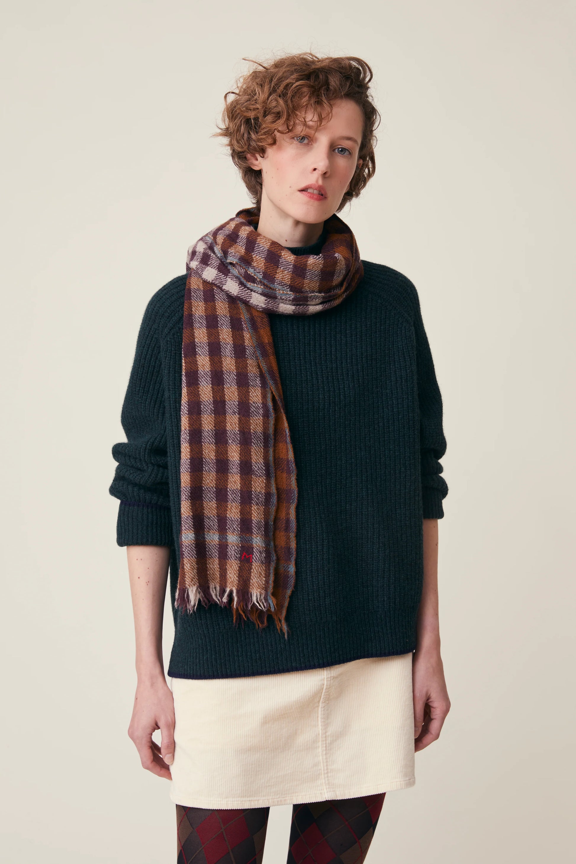 Moismont pure wool check scarf Pablo in Taffeta, brown blue and ecru.
