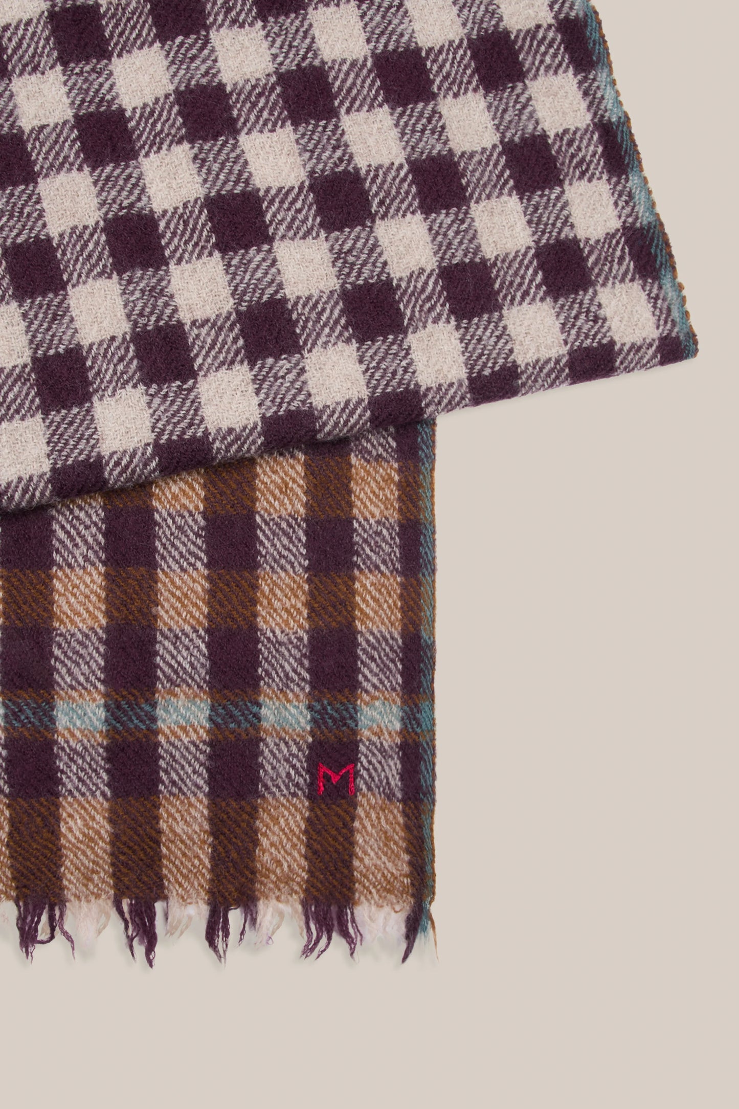 Moismont pure wool check scarf Pablo in Taffeta, brown blue and ecru.