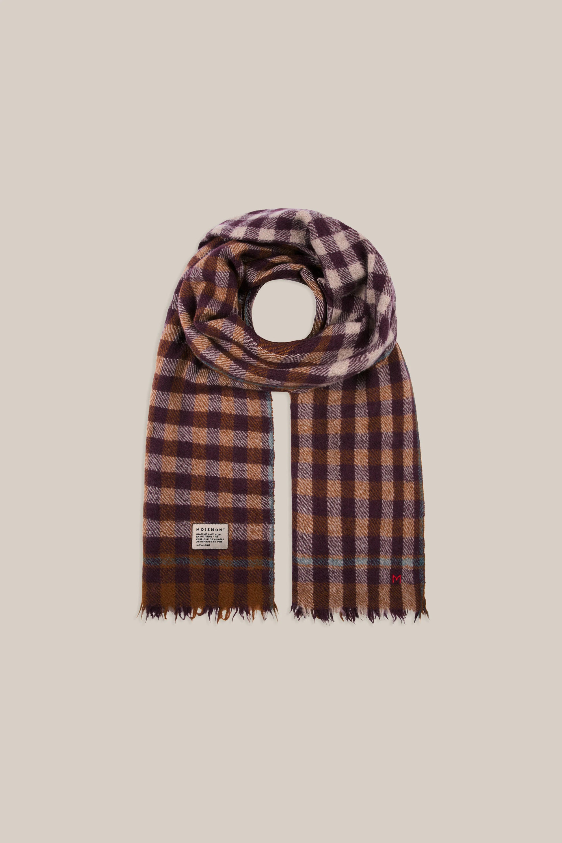 Moismont pure wool check scarf Pablo in Taffeta, brown blue and ecru.