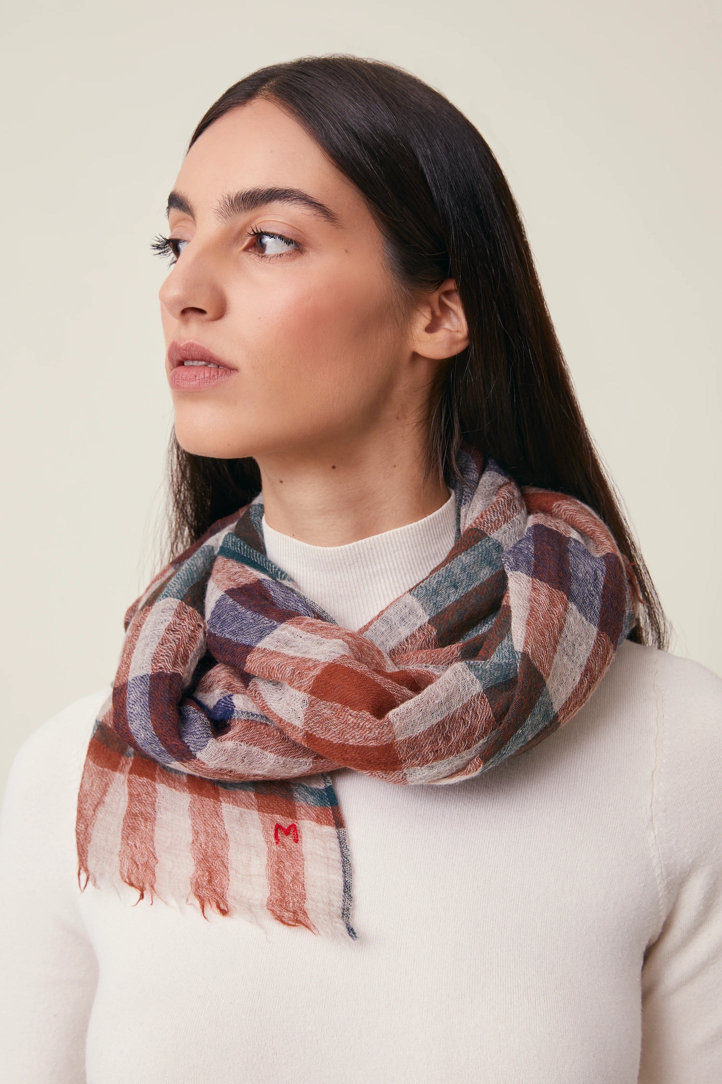 Moismont fine wool plaid tartan check scarf Acrobat in Celtic tan, cream, navy.
