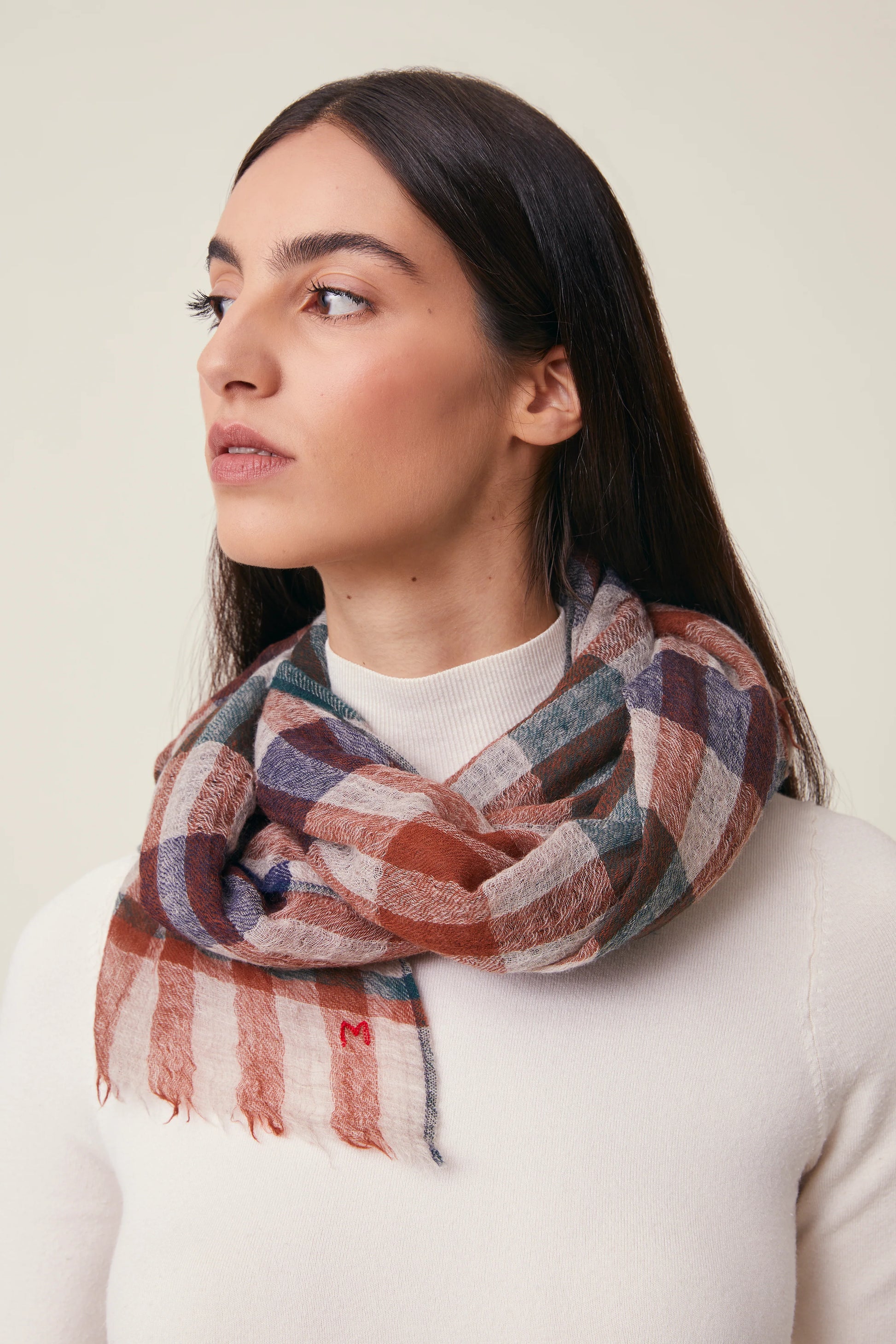 Moismont fine wool plaid tartan check scarf Acrobat in Celtic tan, cream, navy.