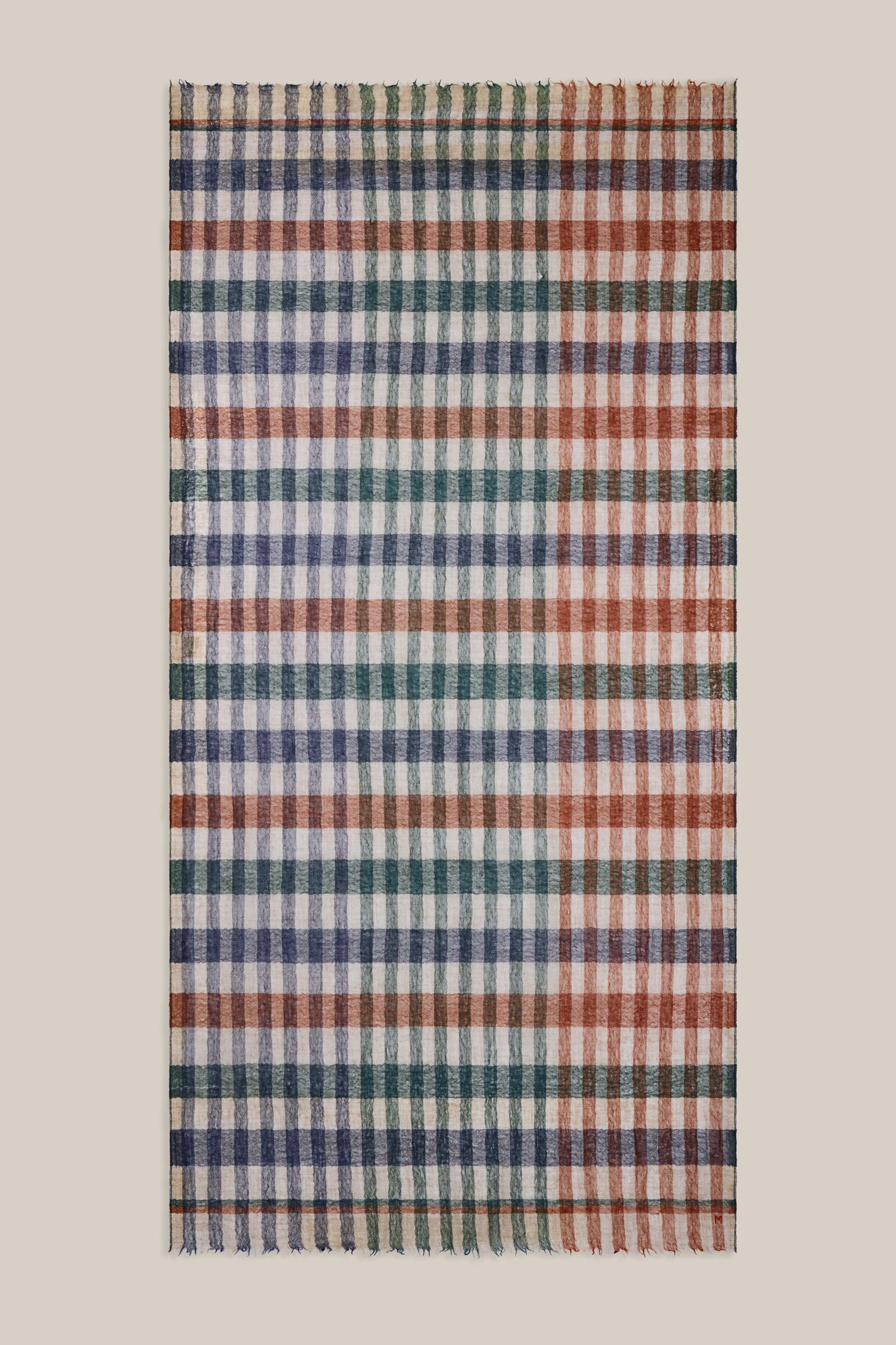 Moismont fine wool plaid tartan check scarf Acrobat in Celtic tan, cream, navy.